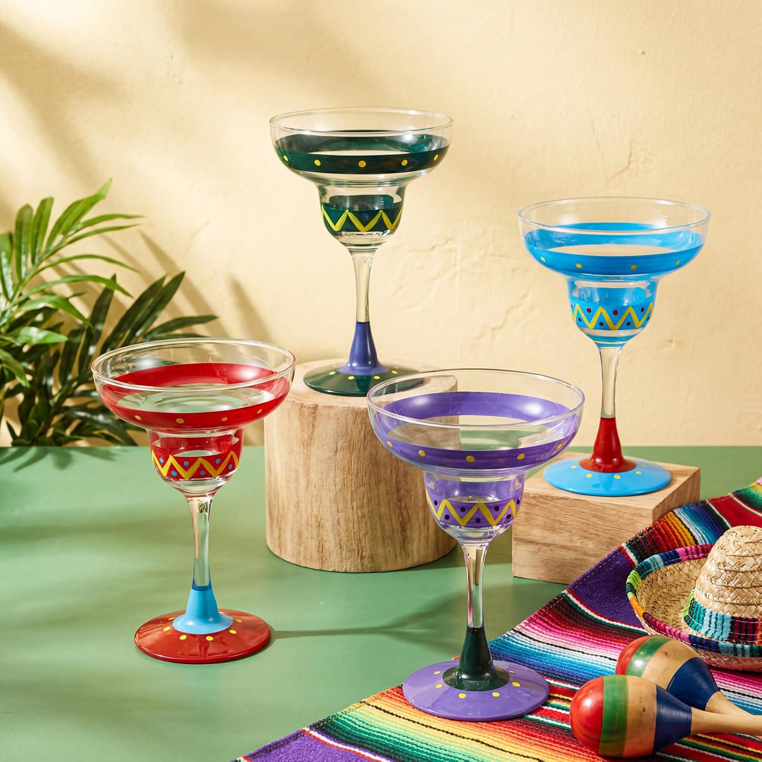 Rtteri Mexican Hand Blown Glass, Set of 4 Mexican Handcrafted Margarita Glasses, 9 oz Margarita Cocktail Cups for Cinco De Mayo and Fiesta Party Supplies