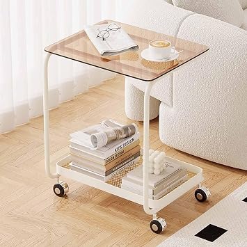 Rolling Side Table for Living Room, C Shaped End Table for Couch, Tempered Glass, Easy to Clean, with Metal Frame for Small Spaces, Living Room, Bedroom, BedsideWhite