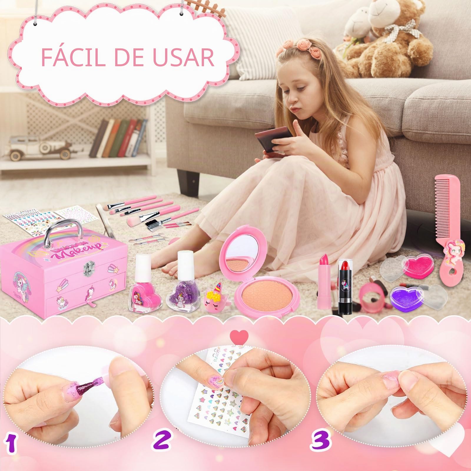 Kit de Maquillaje Niñas , 59 Piezas Lavable, Set Maletin, Juegos de Belleza Cosméticos, Tocador de Maquillaje Niña, Regalos No-Tóxicos para Princesas 5 6 7 8 9 10+ Años