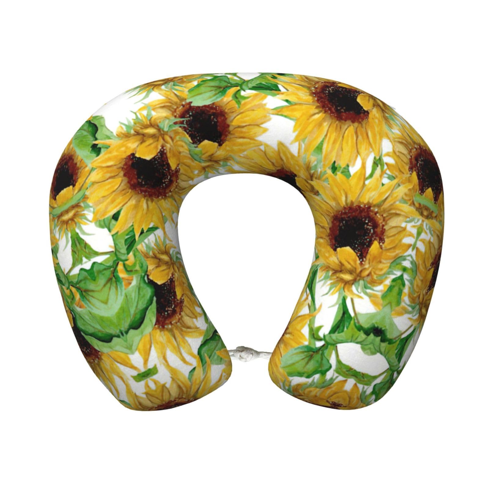 ASFgda U-Shape Memory Foam Yellow Sunflowers Print Travel Pillow,Neck Support,Washable Cover For Airplane Car Home Office