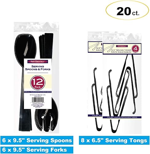 Miniatura 2 de Party Essentials Kit de utensilios de plástico para servir bufé, cucharas, tenedores, pinzas, 20 piezas, color negro