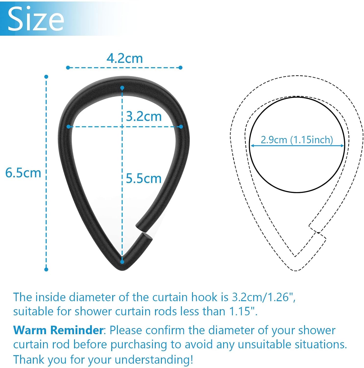 Top-spring Black Shower Curtain Hooks 12Pcs Drop Shaped Hooks for Shower