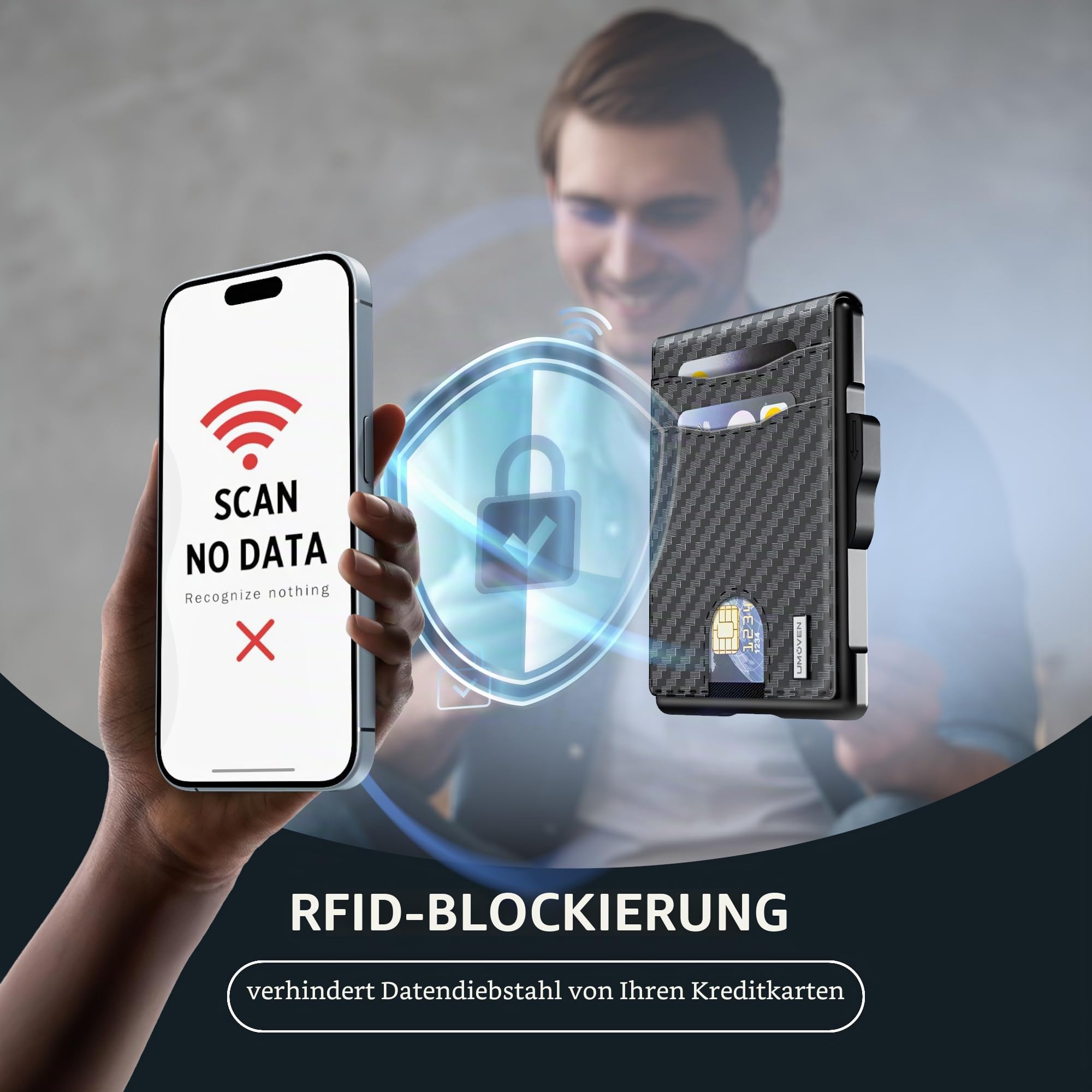 Geldbörse für Herren – Pop-Up-Etui, Bargeldfach und Kreditkartenfach – schlanke Aluminiumgeldbörse mit RFID-Blockierung, minimalistische Leder-Geldbörse mit Ausweisfenster, Geschenkbox (Kohlefaser