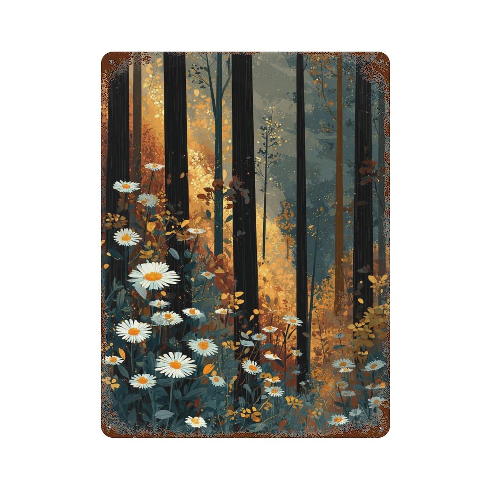 Autumn Forest Daisies 15.7"x11.8" Rust Effect Tin Sign, Vintage Wall Decor for Farmhouse, Kitchen And Entryway Decor