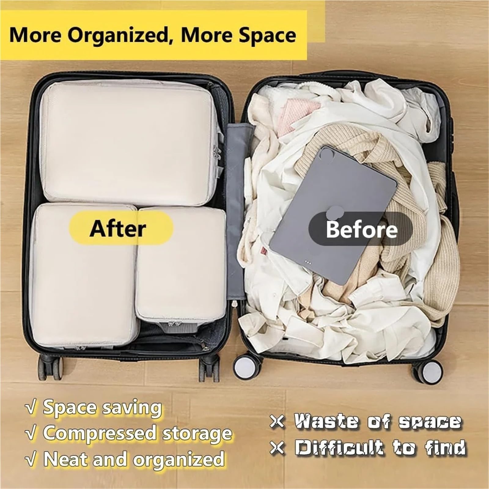 4pcs Packing Cubes For Travel Compression Cube Set Organizer para Ropa, Ropa Interior(Light Grey)
