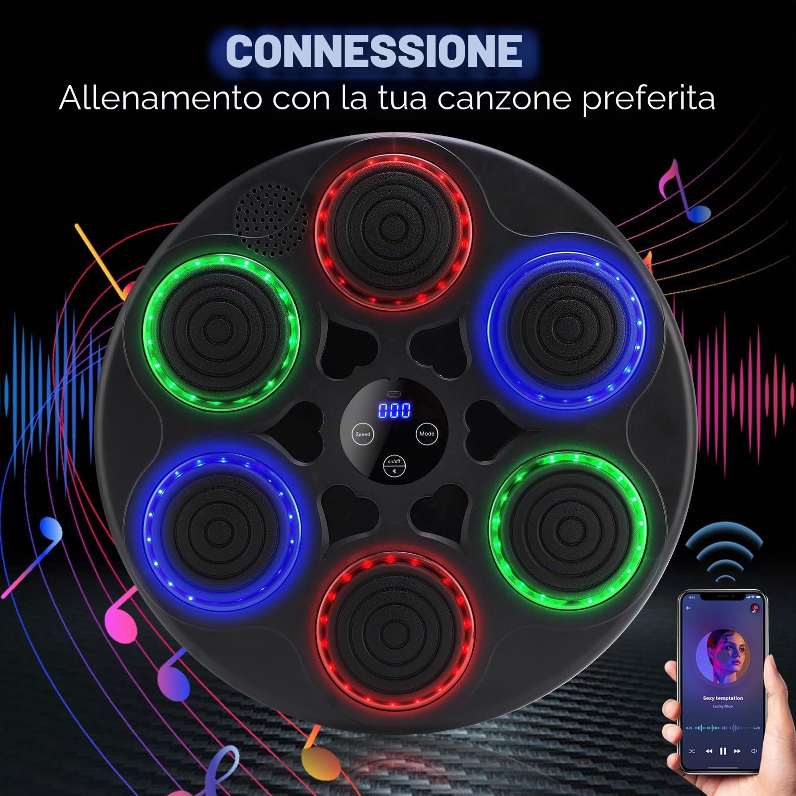 Macchina da boxe musicale per adulti, con musica, montaggio a parete, display LED, modalità 9 velocità, Bluetooth, attrezzatura per allenamento