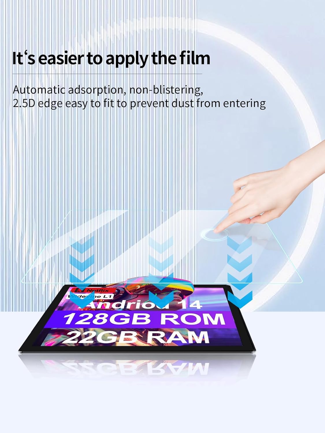Illustration showing the automatic adsorption process of the screen protector onto a tablet, with arrows indicating smooth application.