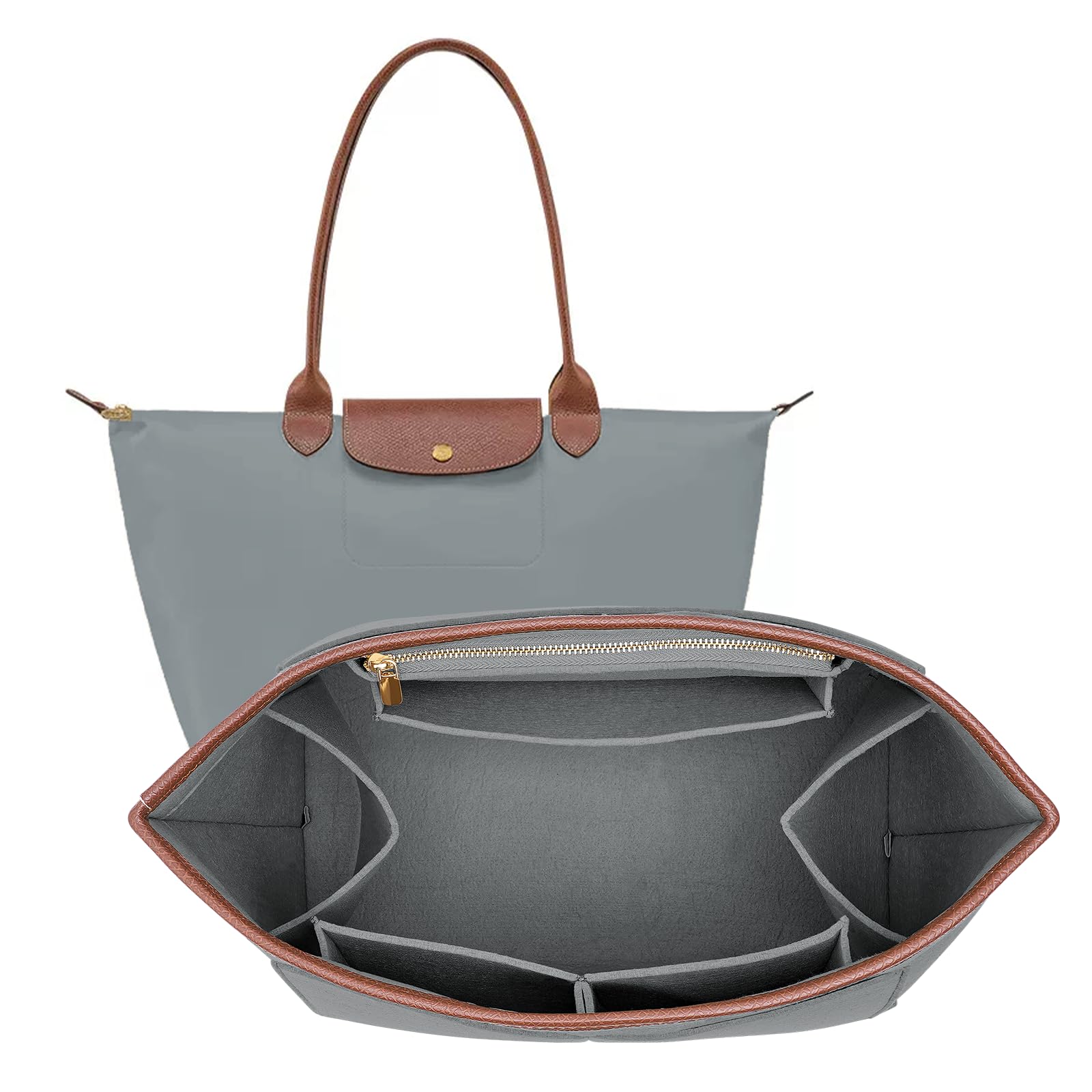 Organiseur de sac en feutre gris clair pour Le Pliage S Longchamp avec bordure en cuir