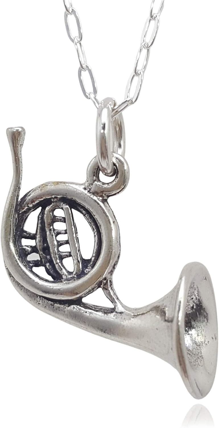 EnCharmed Sterling Silver French Horn Musical Instrument 3D Charm Necklace, 18"