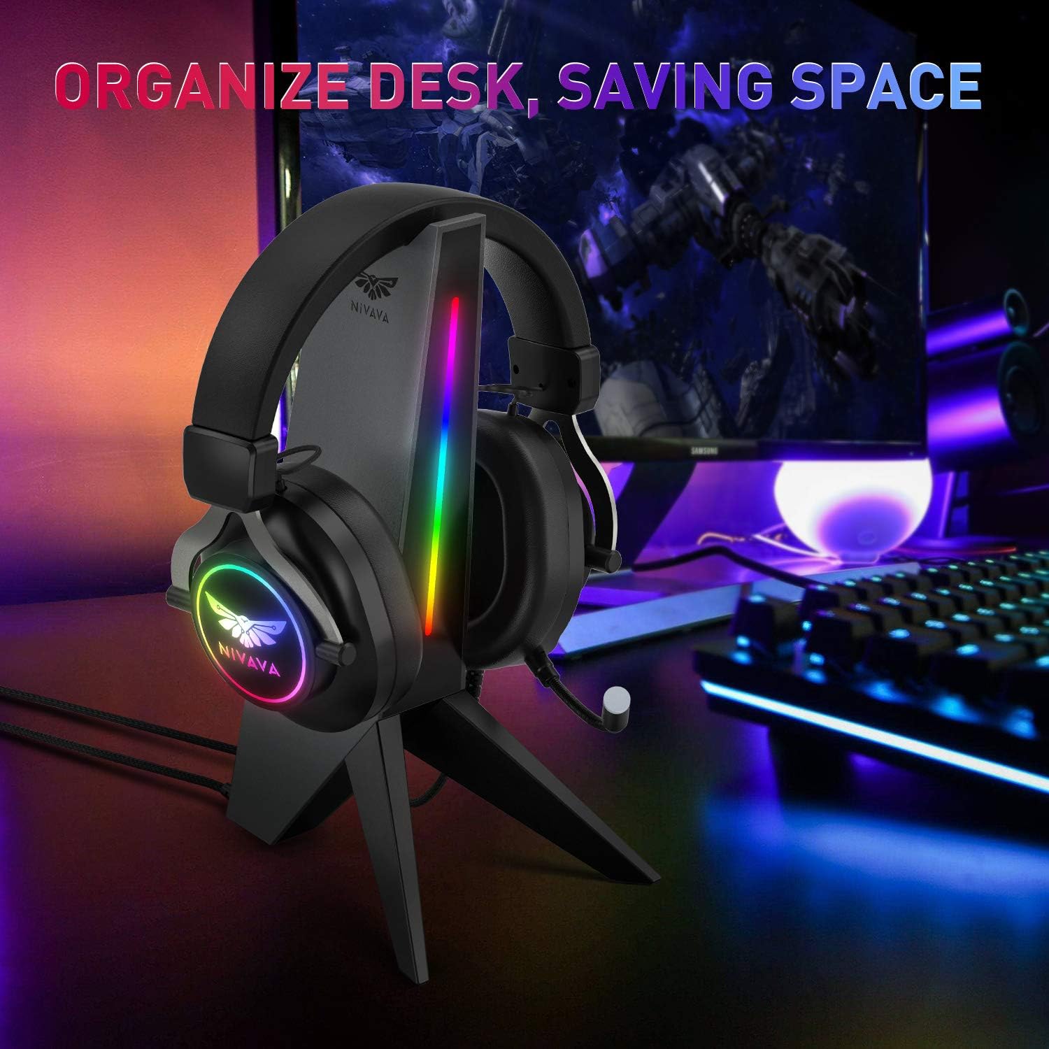 Flash Sale Buy 1 get 1 Nivava C8 RGB Headphone Stand, Gaming Headset Stand Holder with 3.5mm AUX 2 USB Ports for Gamer Gaming PC Accessories Desk (Gray)