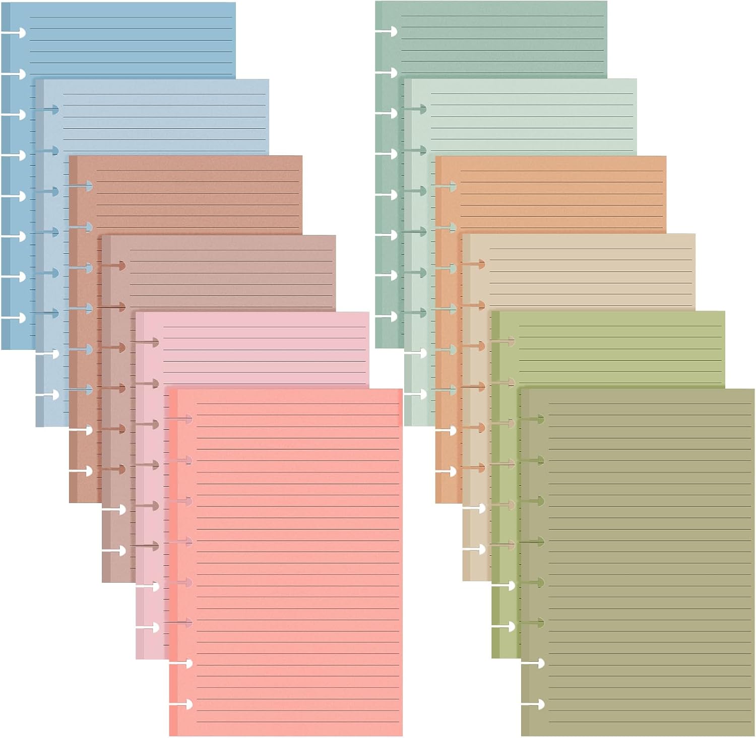 PerKoop 12 Pack 600 Sheets Half-letter Size Discbound Lined Planner Refill 5.5'' x 8.5'' College Ruled Size A5 8 Disc Notebooks 12 Colors Disc Notebooks Refill for Journaling(Soil Color)