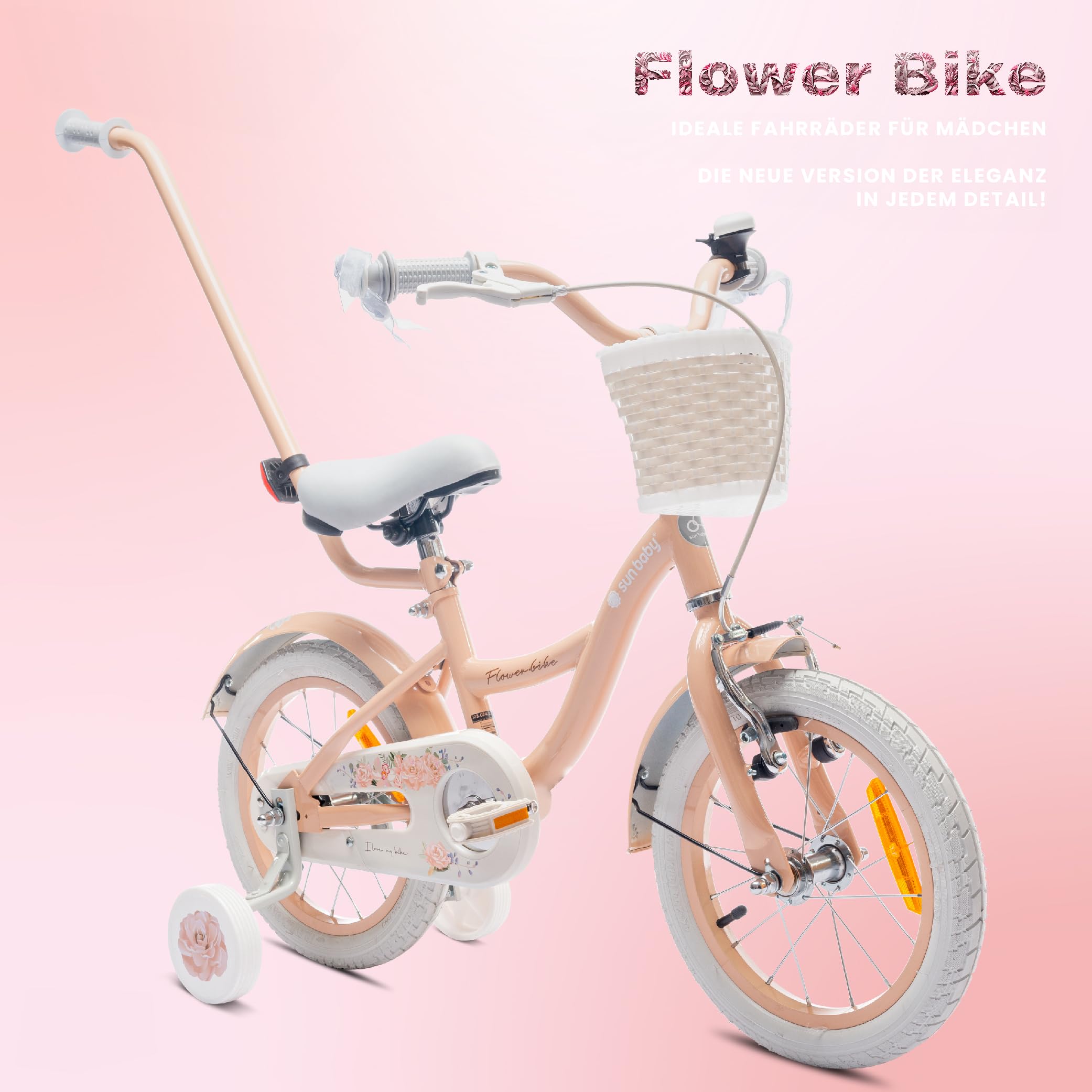 sun baby Flower Bike Kinderfahrrad Mädchen 12/14/16 Zoll, mit Stützrädern, Abnehmbarer Schubstange, Korb, Klingel, Rücktrittbremse & V-Brake, für Kinder ab 2 Jahre