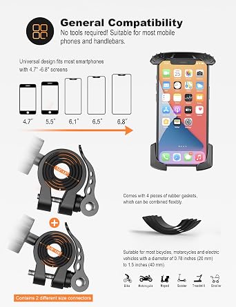 GREFAY Bicycle Mobile Phone Holder, Anti-Shake Quick Release Stainless Steel Motorcycle Bicycle Universal Mobile Phone Holder with 360 Rotation for 4.7-6.9 Inch Smartphone