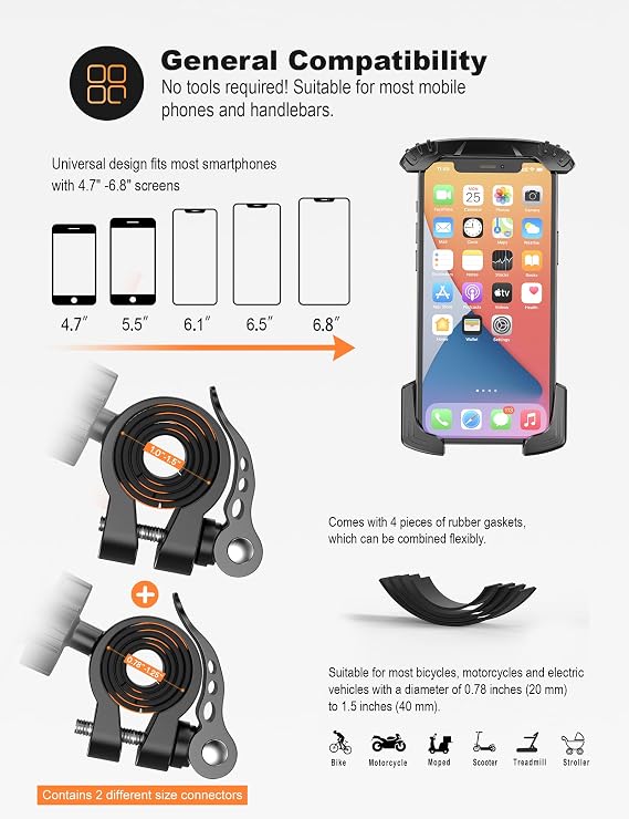 GREFAY Bicycle Mobile Phone Holder, Anti-Shake Quick Release Stainless Steel Motorcycle Bicycle Universal Mobile Phone Holder with 360 Rotation for 4.7-6.9 Inch Smartphone