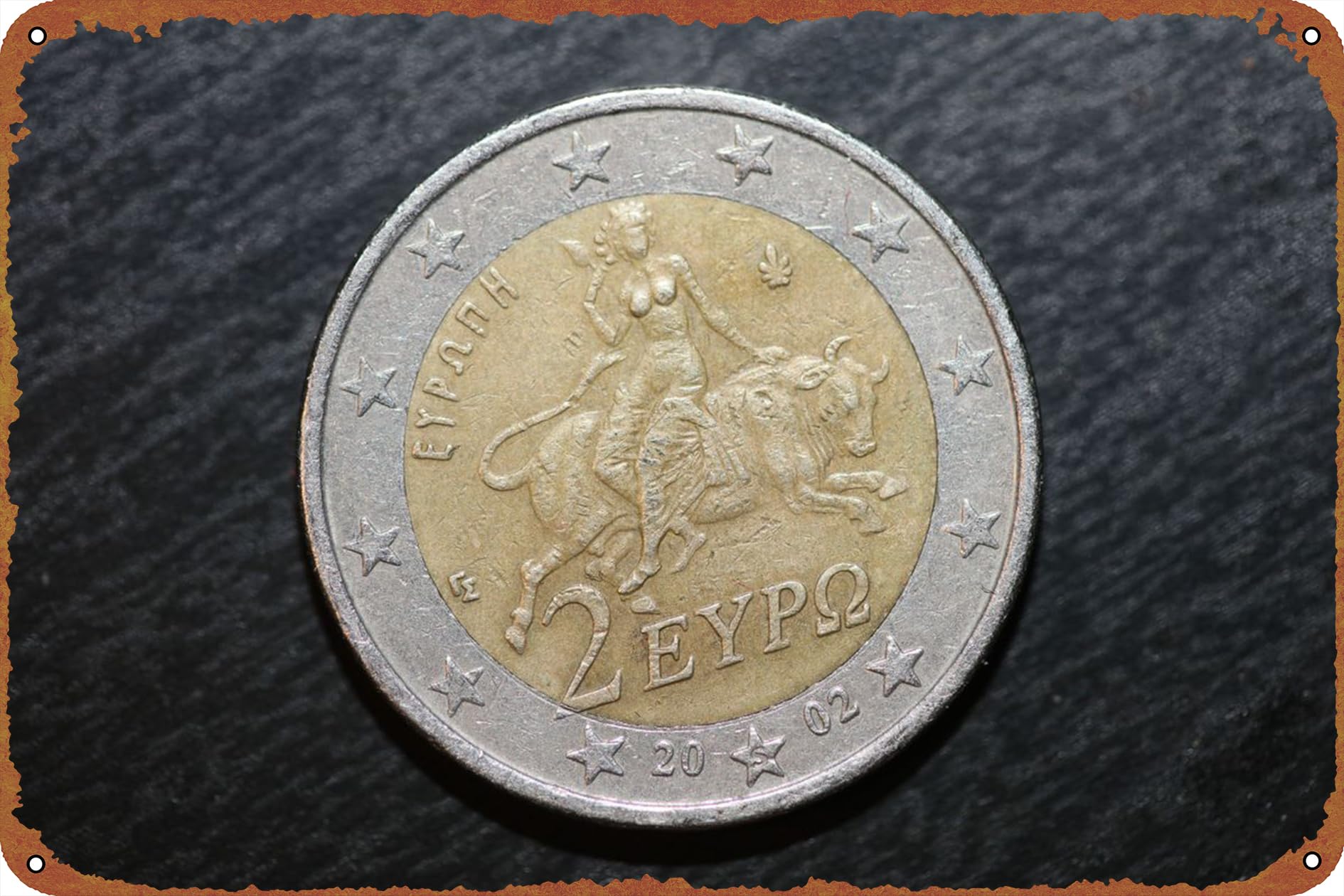 Two euro greek coin 2002 Game Poster Metal Sign Tin Metal Retro Wall Decor for Home,Street,Gate,Bars,Club