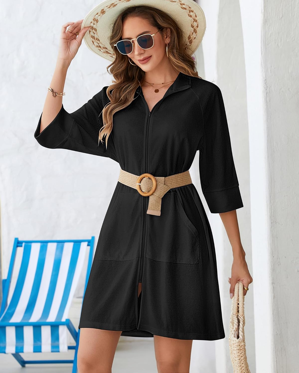 Bsubseach Swimsuit Coverup for Women Terry Cloth Swim Cover Up Zipper 3/4 Sleeves Beach Cover Ups Bathrobe with Pockets - Image 6