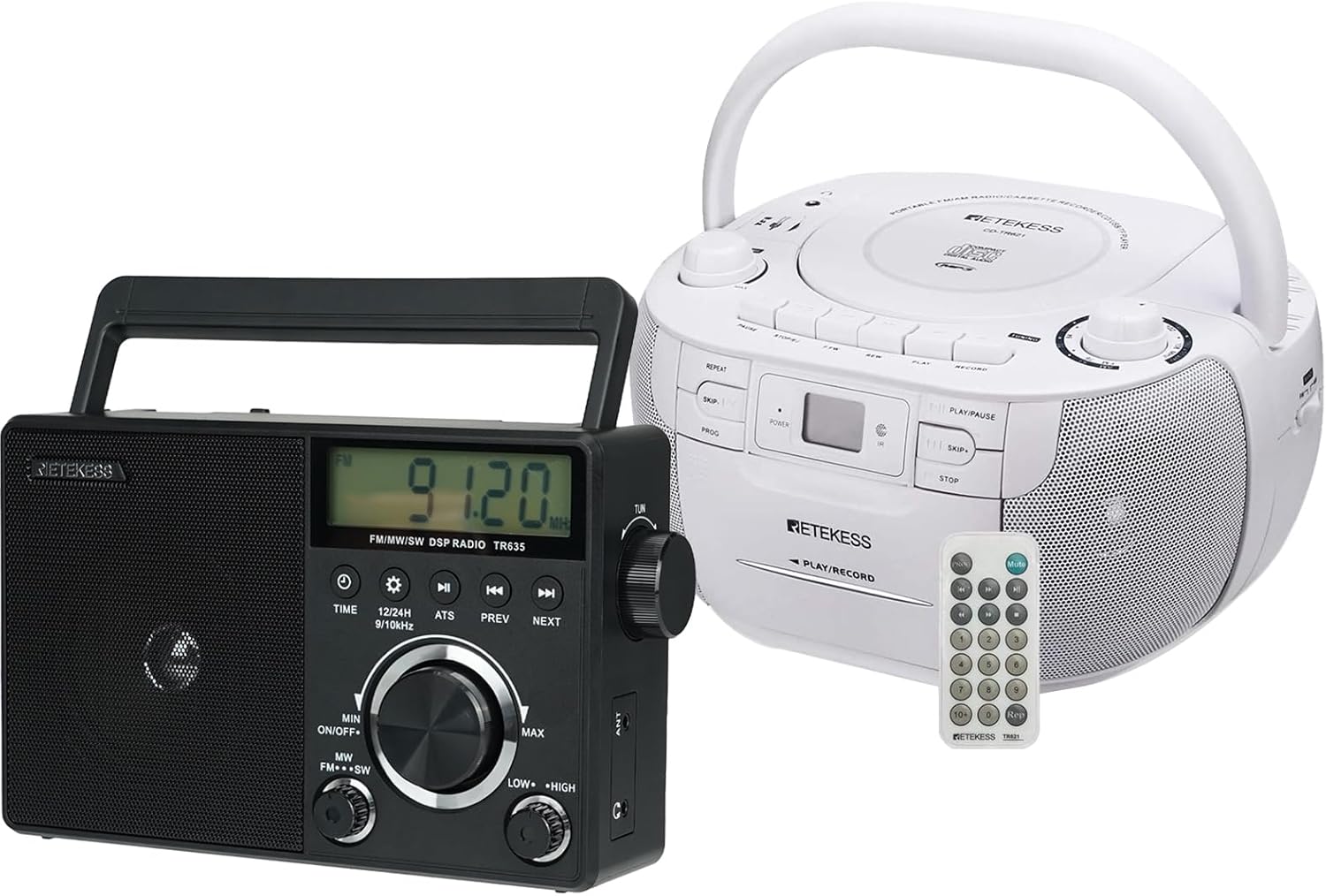 Retekess TR621 CD and Cassette Player Combo TR635 Portable Shortwave Radio, AM FM Digital Radio, Backlight LCD Display, ATS, External Antenna Socket, 3.5mm Earphone Jack, Time Setting, Battery Operate