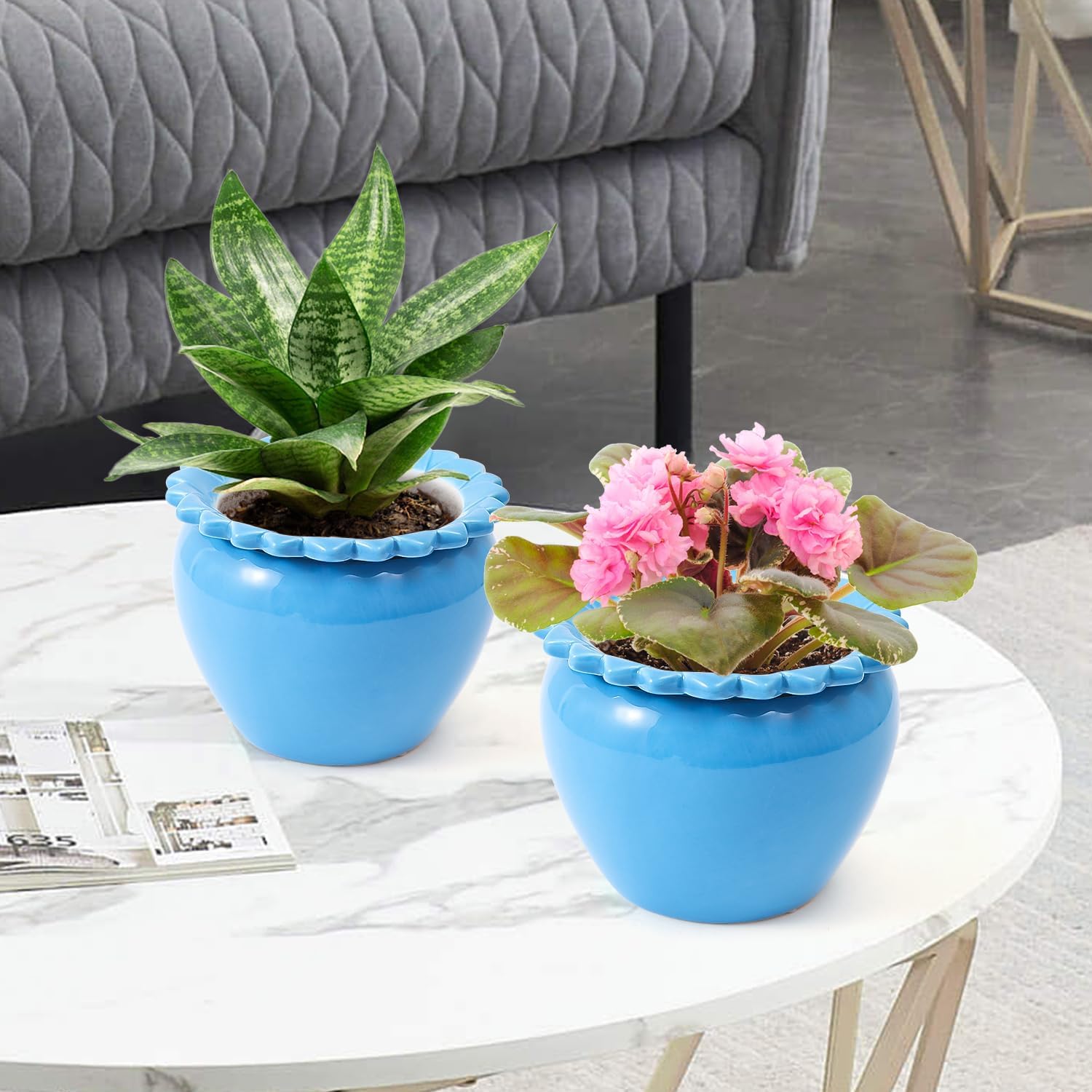 African Violet Pots 6.5 * 4.6Inch Blue Ceramic Easy Plant Self Watering Pot Ceramic Flowerpot with Water Absorbing Inner Pot Orchid Planter for Best Gifts Lawn Yard Outside Decor
