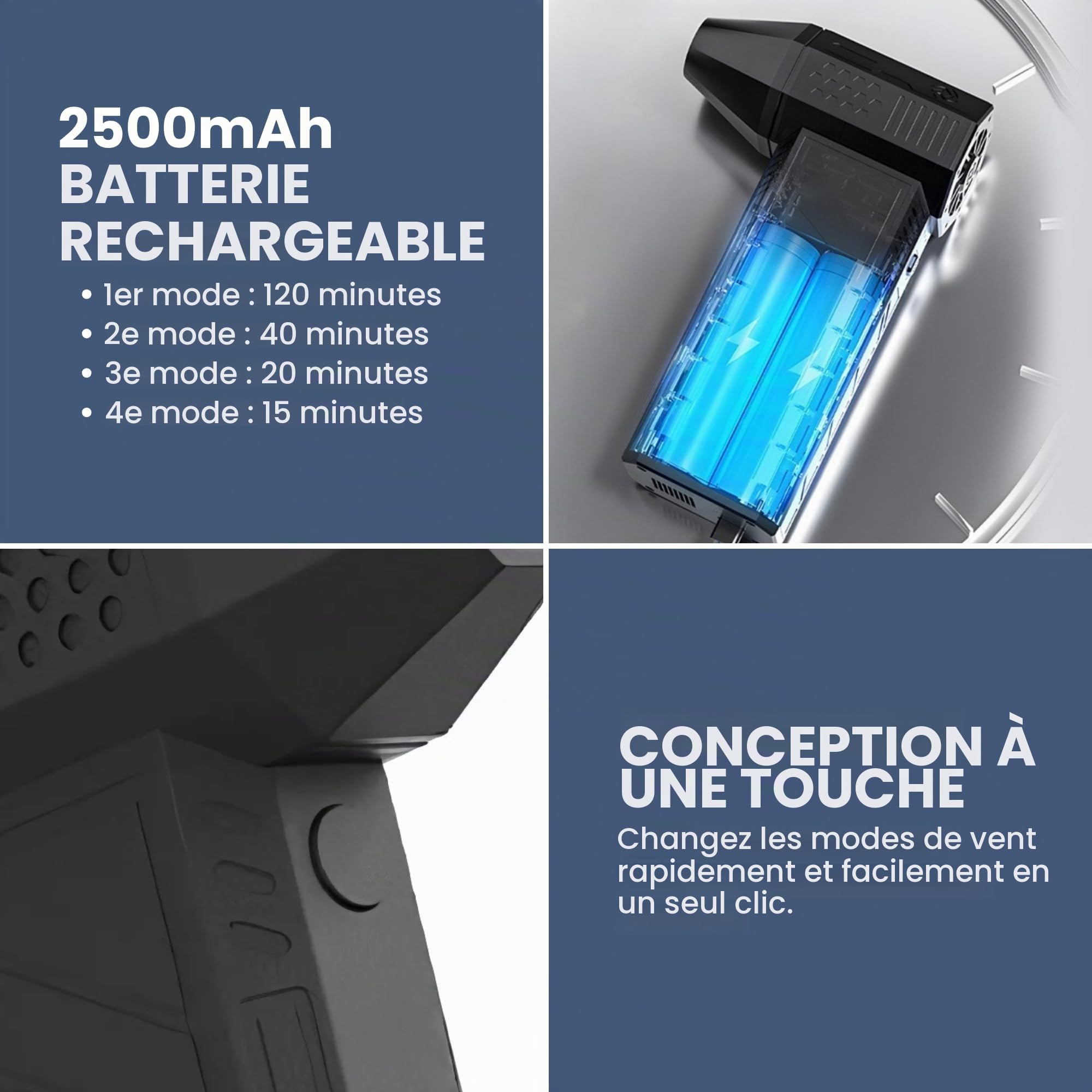 Souffleur Jet Dry, 130000 Tr/Min Puissant Souffleur avec 4 Modes, Fabriqué en Aluminium avec Lampe de Poche LED, Plumeau à Air Rechargeable USB C pour le Nettoyage de l'Extérieur, Meubles, Voiture.