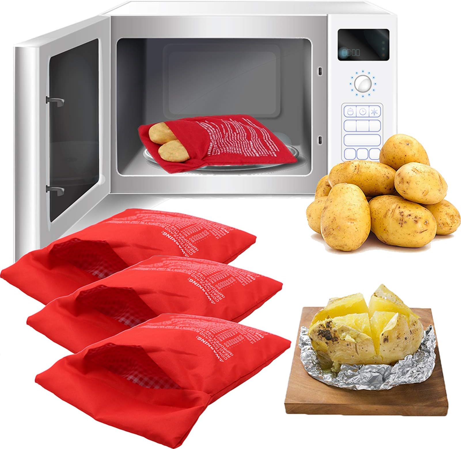 Microwave Potato Bag, 3 Pack Reusable Express Microwave Potato Cooker Bag, Baked Potato Cooker Perfect Potatoes 4 Minutes - Red Baked Pouch