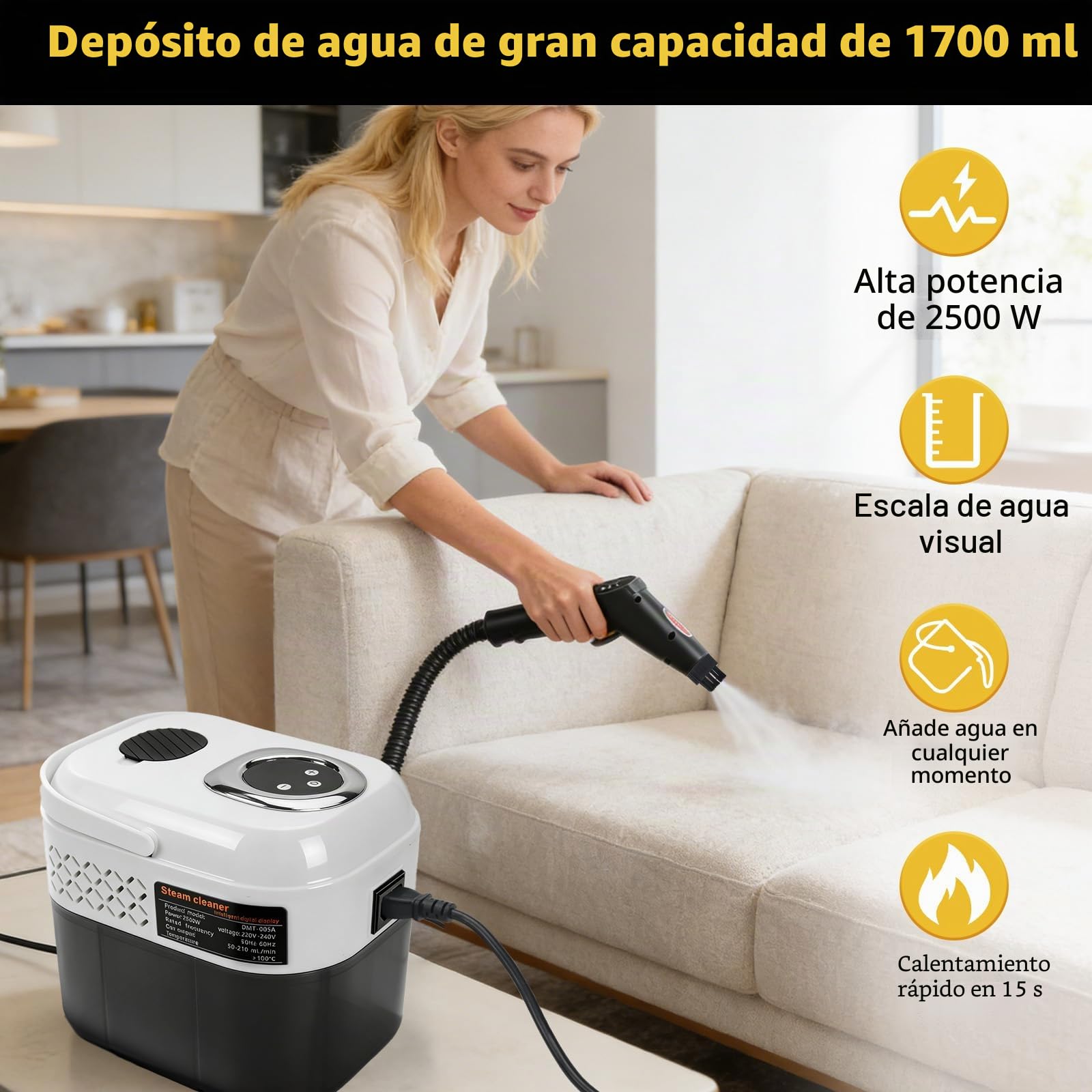 Limpiadores a Vapor Portátiles de Alta Temperatura y Presión de 2500 W | Ajustable 6 Niveles 1700ml, Para Hogar Cocina Baño Coche Suelos Muebles
