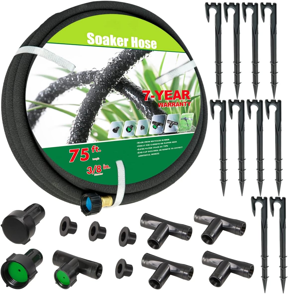 AEACUS Soaker Hose 3/8 inch x 75FT,Garden Hose With Fittings,Heavy Duty Soaker Hose-Saves 70% Water For Lawn(75FT).
