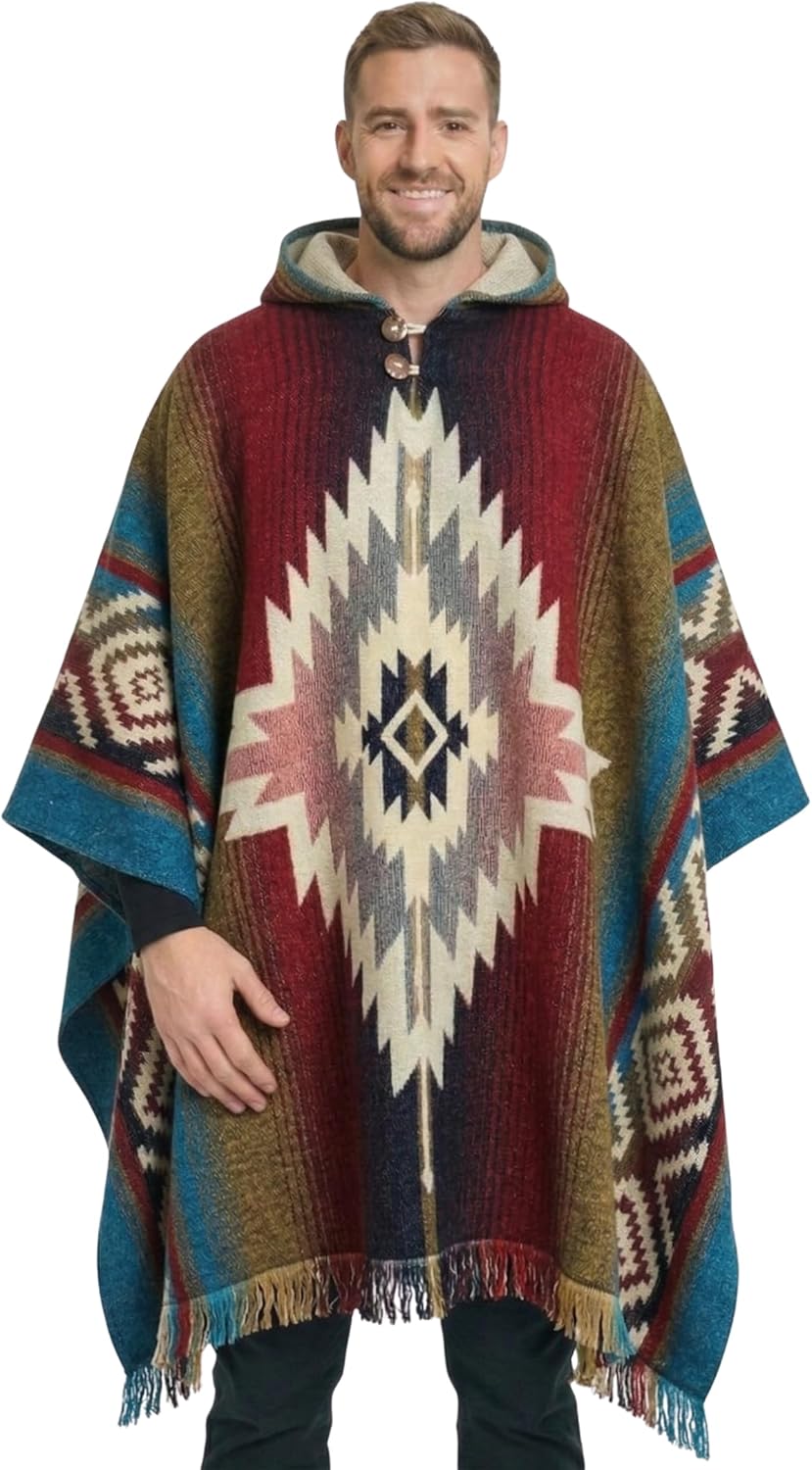 Alpaca Wool Poncho for Men with Hood – Western Cowboy Hooded Poncho Sweater, Warm Winter Blanket Cloak