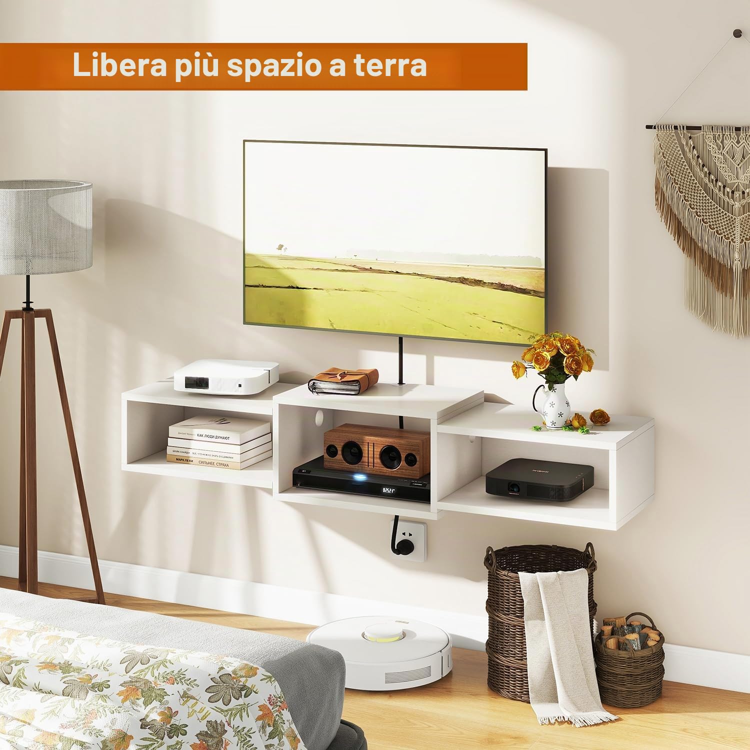 IBUYKE Supporto TV galleggiante da parete, mobile TV in legno, mensola per console multimediale, mobile mobile per TV sotto la TV, per soggiorno, camera da letto, ufficio, bianco WST013W