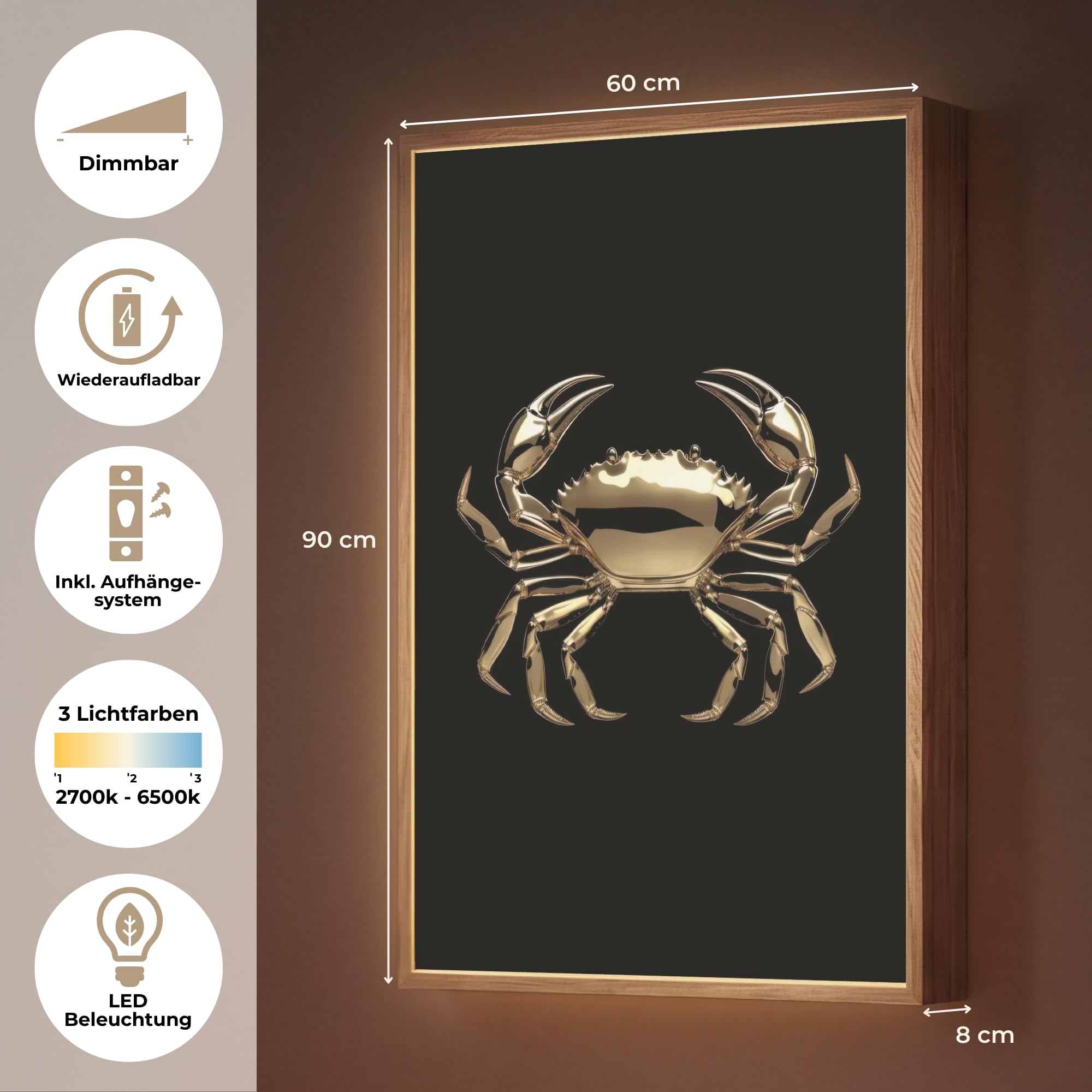 Wandlampe Wohnzimmer 60x90 cm Aufladbar Wandleuchte LED Lampe Wand Nachtlicht Schlafzimmer Flur Wandbeleuchtung Warmweiß Wall Lamp Gold - Krabbe - Tiere - Schwarz