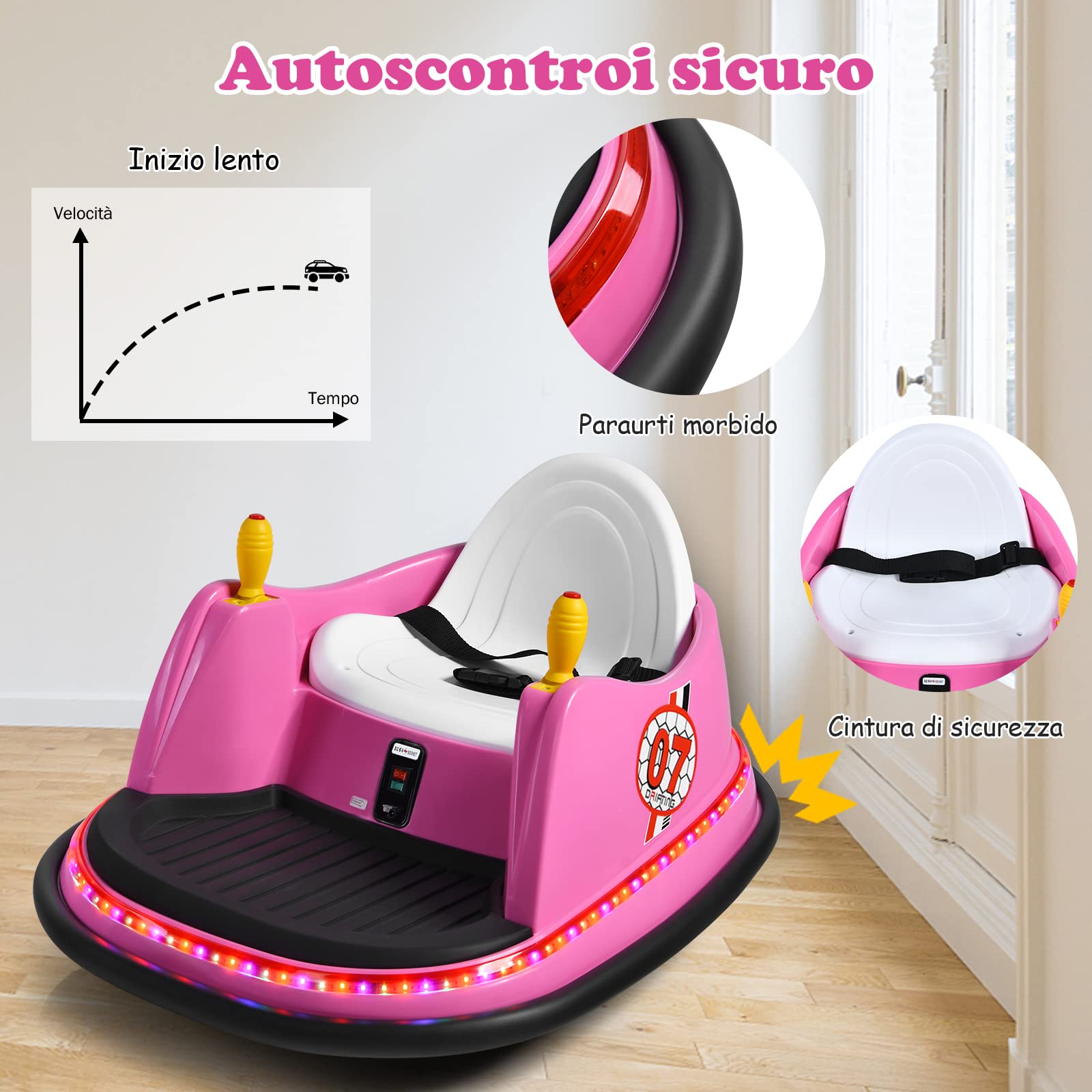 COSTWAY Veicolo Elettrico Macchina Elettrica Design Autoscontro per Bambini, Girevole a 360°, con Luci e Musica, con Telecomando, per Bambini 2-5 Anni (Rosa)