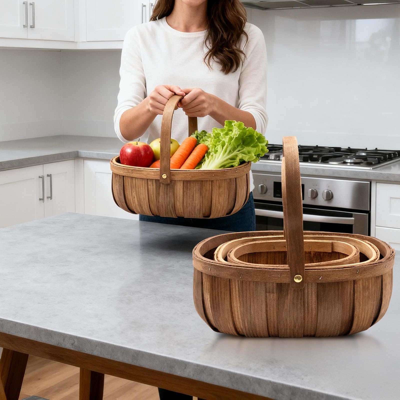 Paquete de 3 cestas de madera para pan, cesta de picnic tejida a mano con asas, organizador de almacenamiento para verduras, frutas, bodas, 3 tamaños
