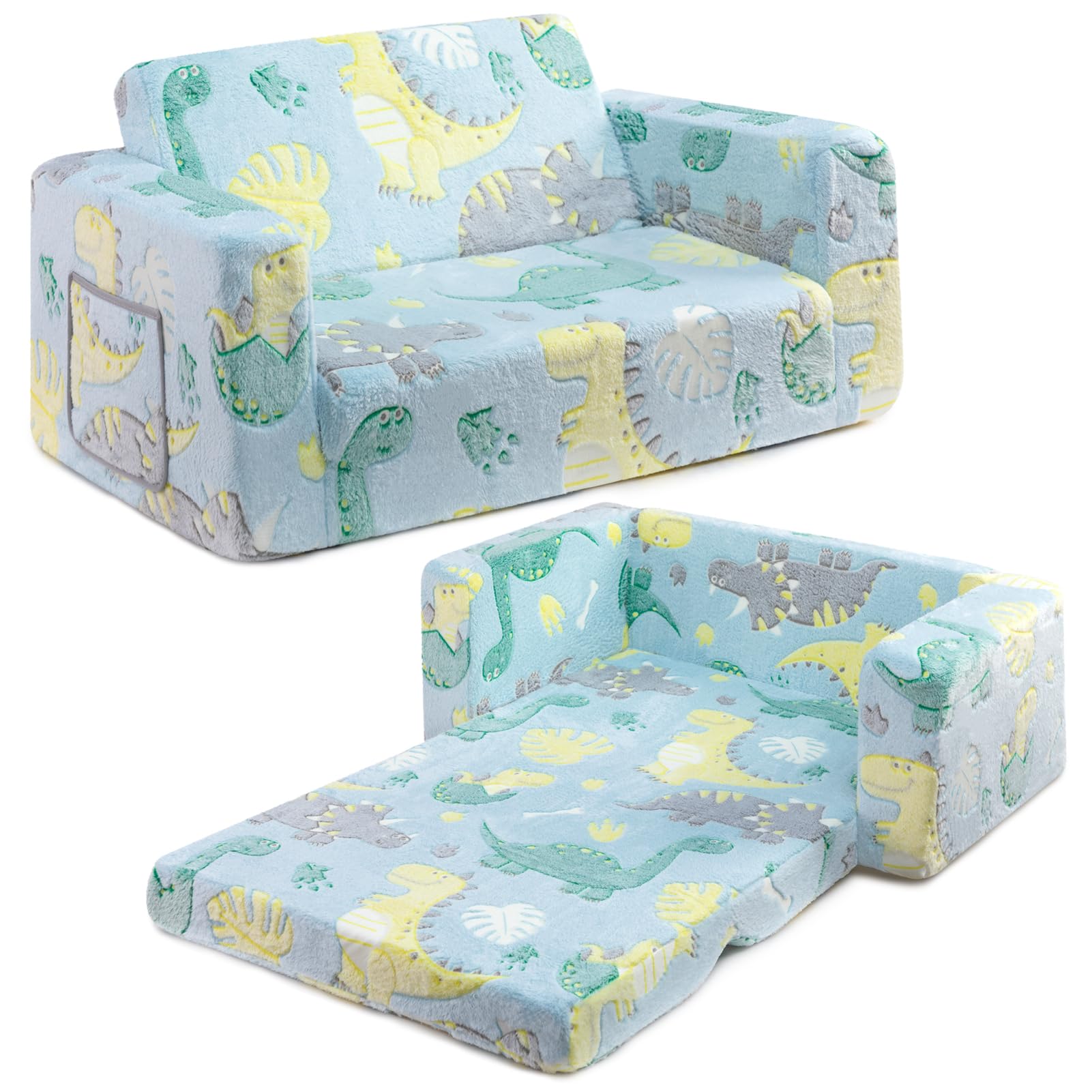 BEJOY Toddler Chair, Folding Kids Sofa Bed, Extra Wide, Glowing Dinosaur