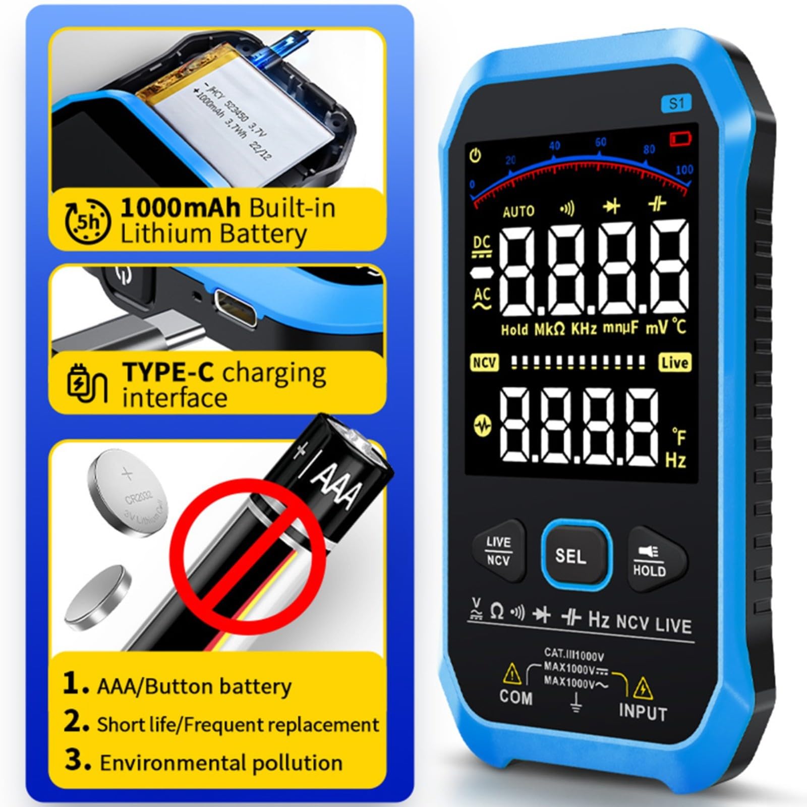 Digitalmultimeter Auto Range NCV 1000V Für Usb-c UTTASU