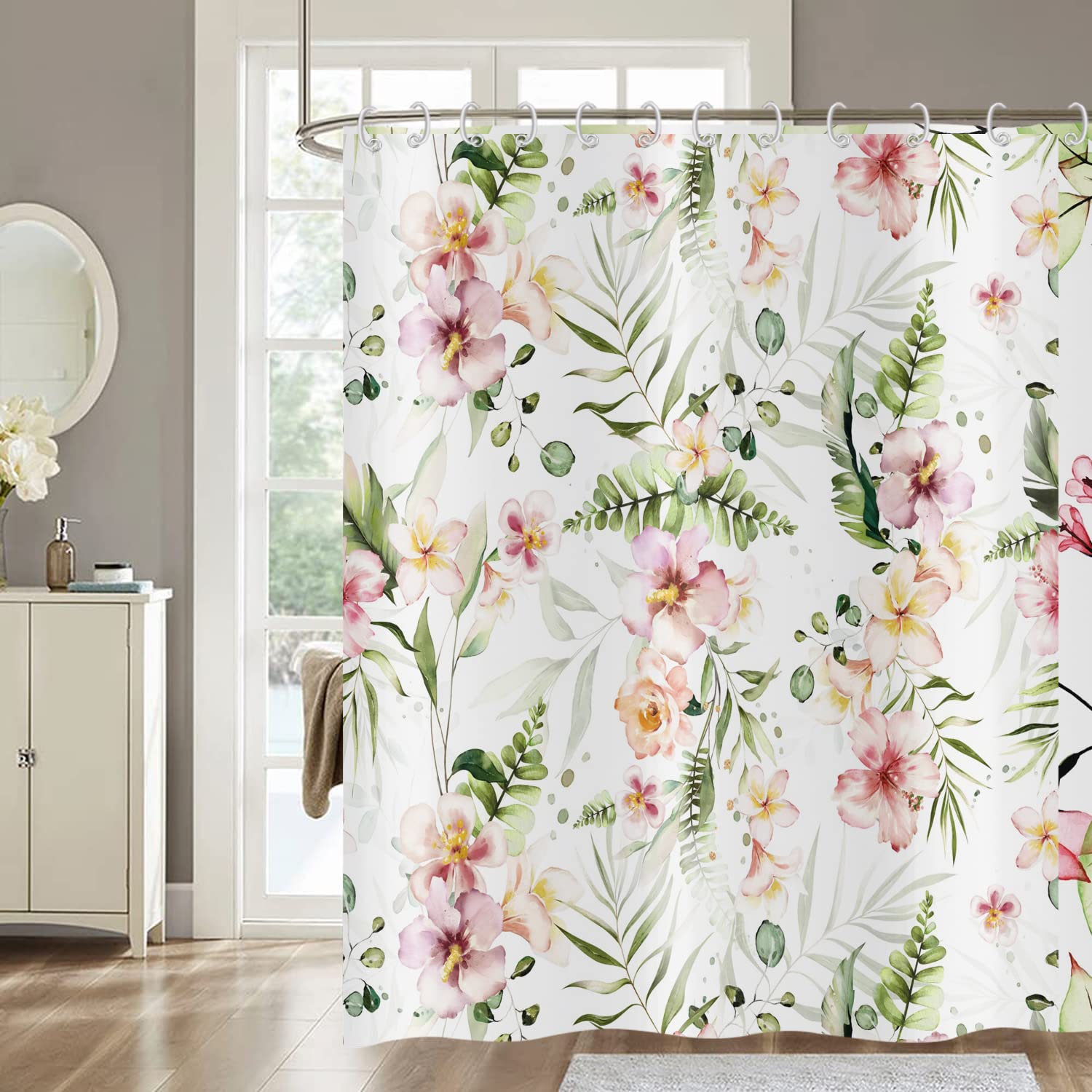 Hnmdmyi Floral Shower Curtain 165x180, Watercolor Pink Flower with Green Leaf Vintage Blossom Plant Nature Aesthetic Bathroom Curtains Waterproof Polyester Fabric Washable Bath Curtains with Hooks — image 1