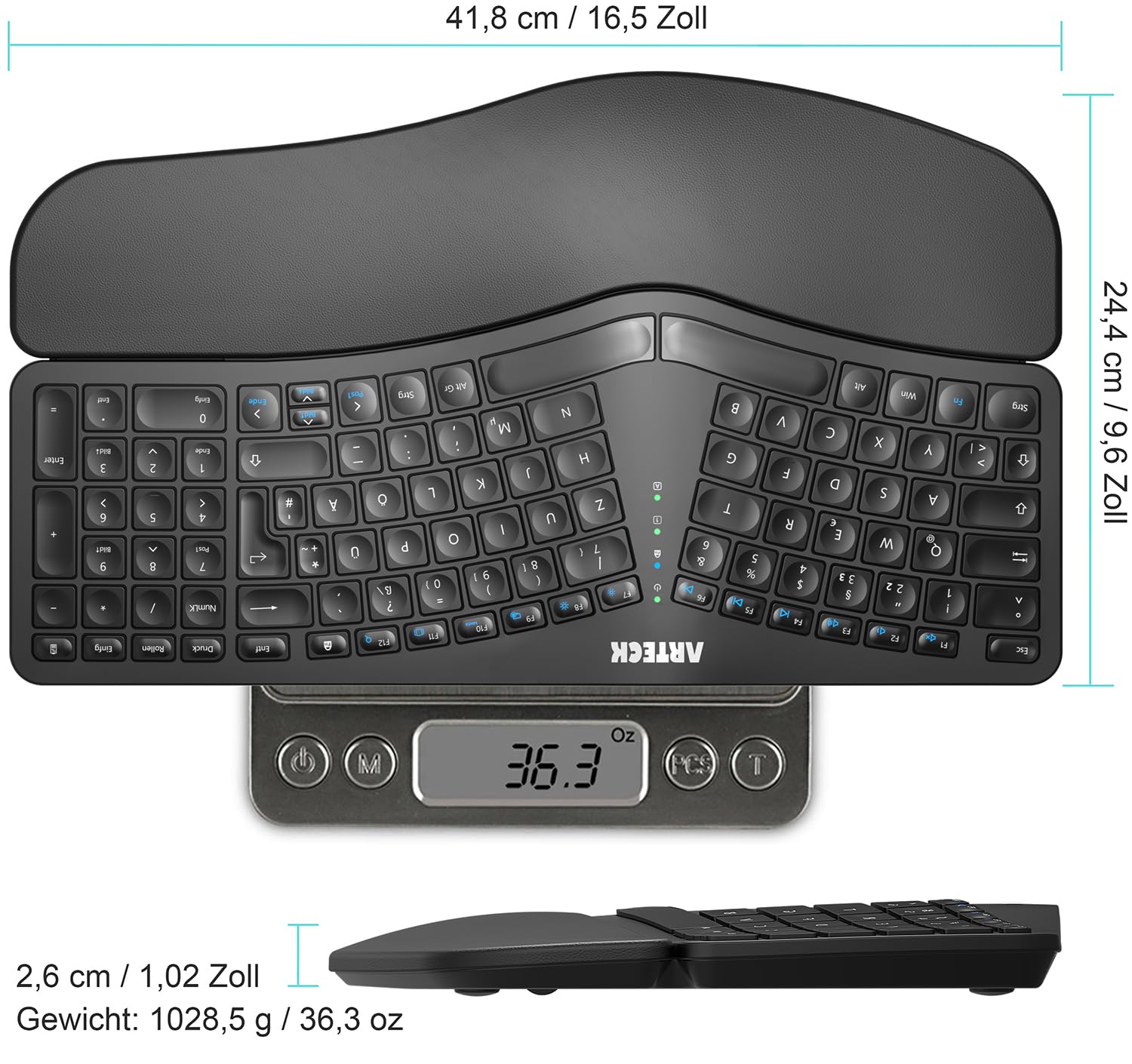 Arteck ergonomisches Split Tastatur mit gepolsterter Handgelenkauflage, 2.4G USB Kabellose Komfortables Split Keyboard mit natürlicher Ergonomie, für Windowscomputer und Laptops