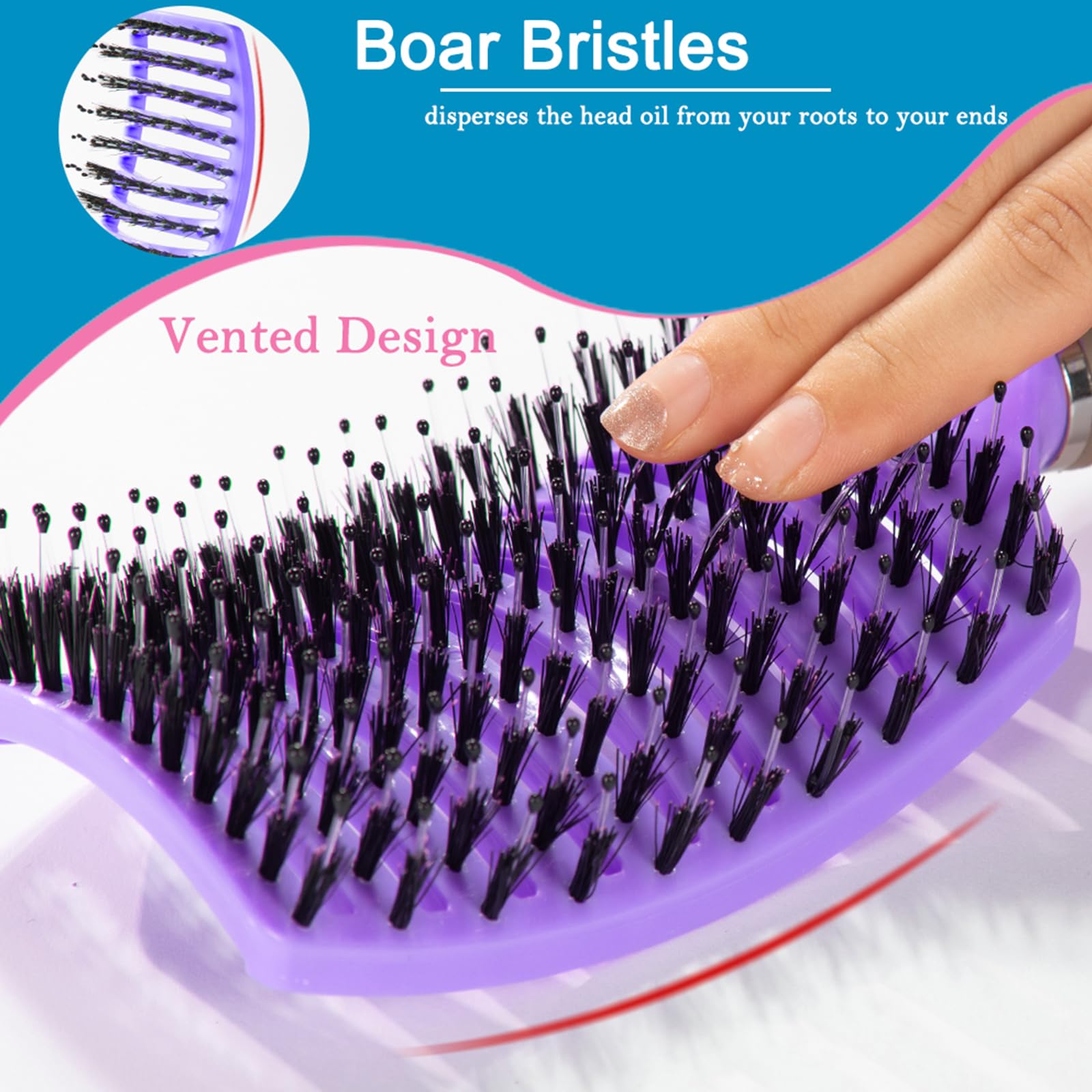 Condition photo showing New/Like New for 4 Boar Bristle Hair Brush Set - Dry/Wet Hair Brush Detangler for Fine, Thick, Curly Hair - Curved and Vented Brush for Women, Men or Kids (Purple & green)