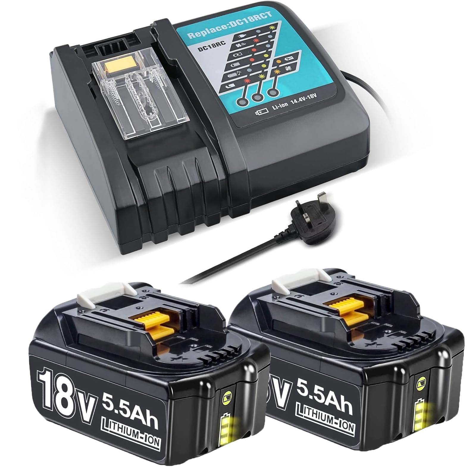 Replacement for Makita 18v Batteries: 2x 5.5Ah Battery and 1x DC18RC Charger Compatible with BL1860 BL1860B BL1850 BL1850B BL1840 BL1830 BL1820 LXT400 DC18RA DC18RC DC18RD