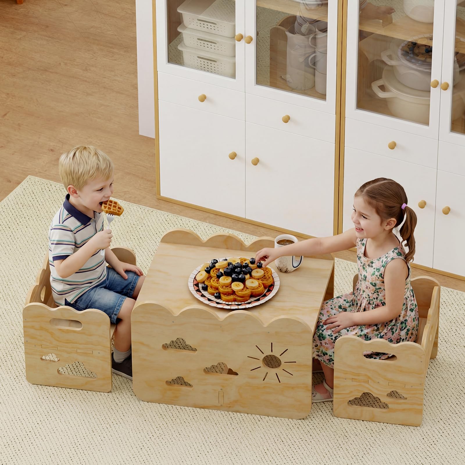Kindertisch-Set mit 2 Stühlen aus Holz – Montessori-Tisch und -Stühle, Montessori-Möbel, Kindertisch-Stuhl-Set，ideale Montessori-Möbel für Mahlzeiten, Lernen und Spielen