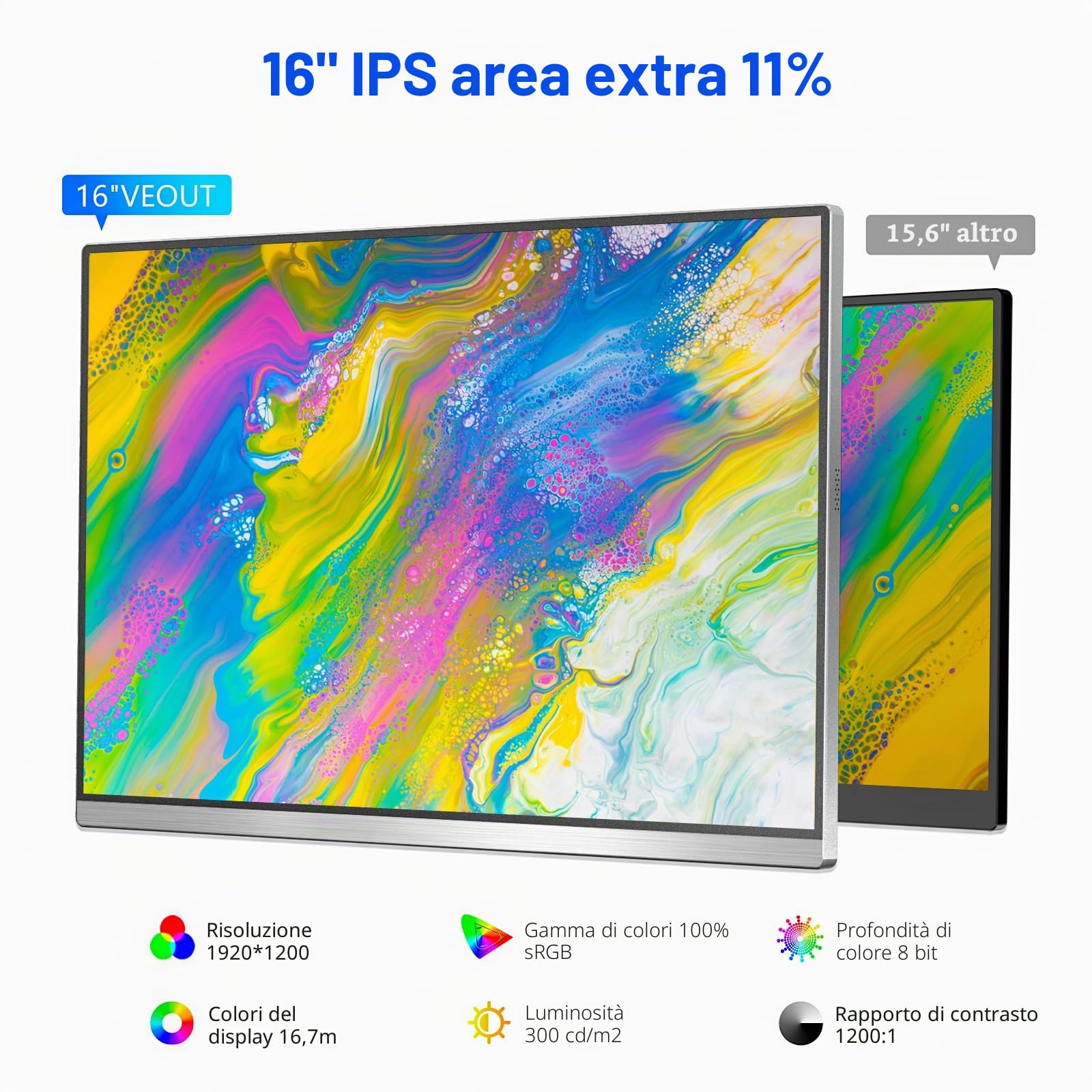 Veout Monitor portatile da 16" monitor per laptop IPS 1920 x 1200P con connettore USB - C monitor per gaming con FreeSync e HDMI dotato di un piedino regolabile disponibile