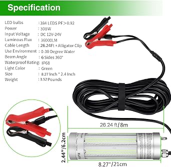 300W Underwater LED Fishing Light, 36000 Lumens Super Bright IP68 Waterproof Fish Attractor Lamp, Durable Aluminum Alloy Night Fish Bait Lamp for Saltwater Freshwater (Green) [Energy Class A++]