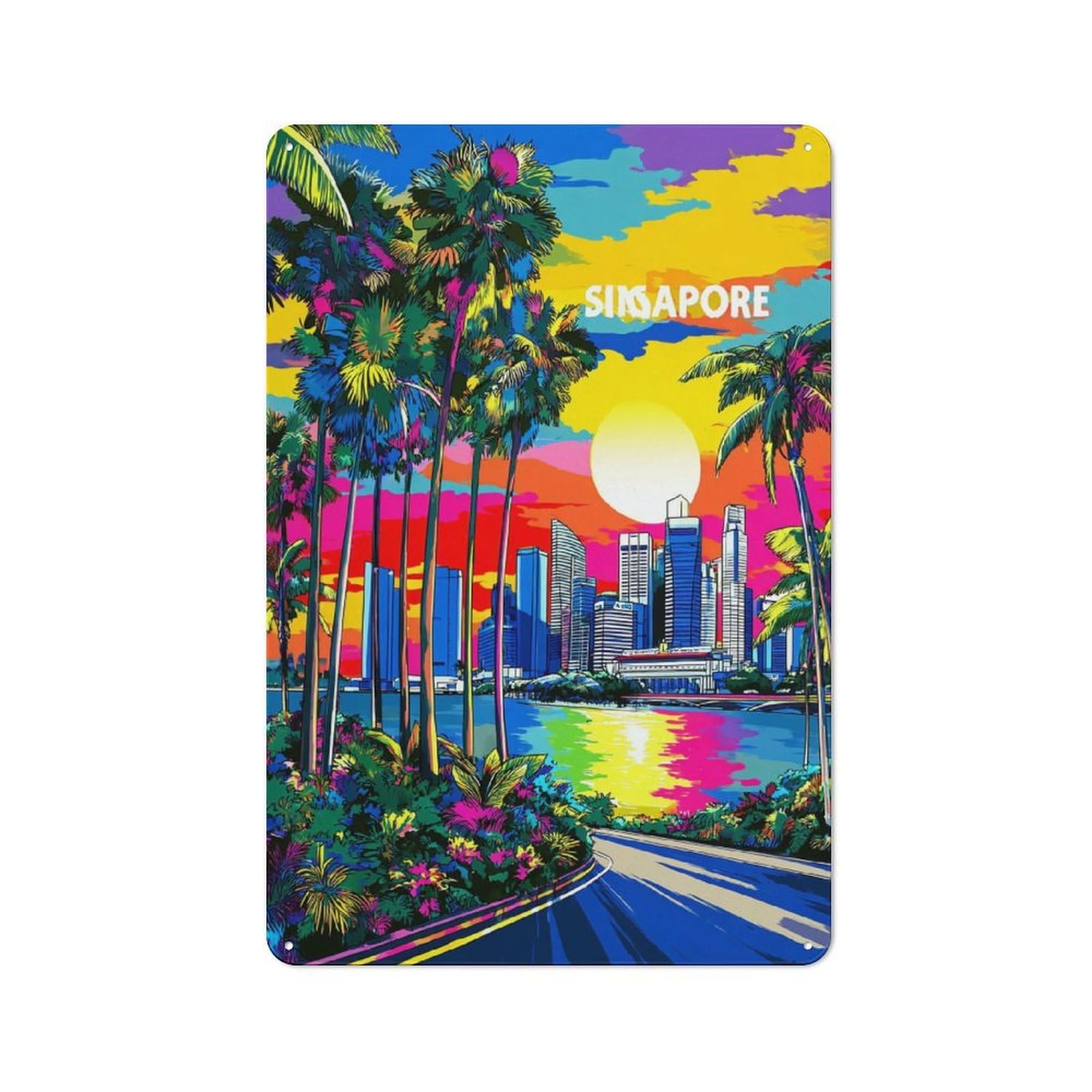 Junmoney Colorful Singapore Sunset Retro Metal Plaque 30X20cm For Garage Or Workshop, Housewarming Wall Decor For People Furnishing Garage And Workshop