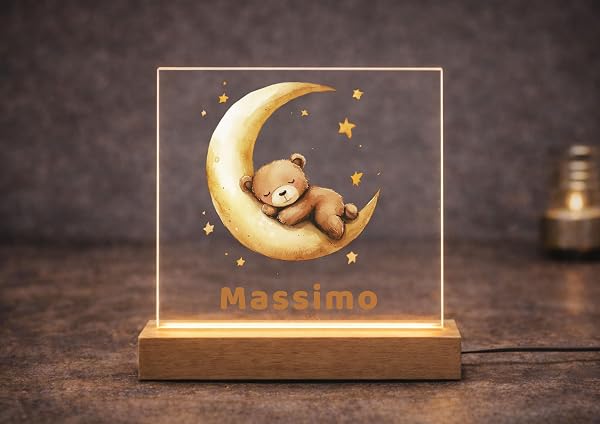 Lampada Personalizzata Bambino Bambina con Nome e Frase, Luce Notturna LED in Plexiglass con Base in Legno, Lampada Neonato Personalizzata, Regalo Neonato Personalizzato (Orsetto Luna) - 1