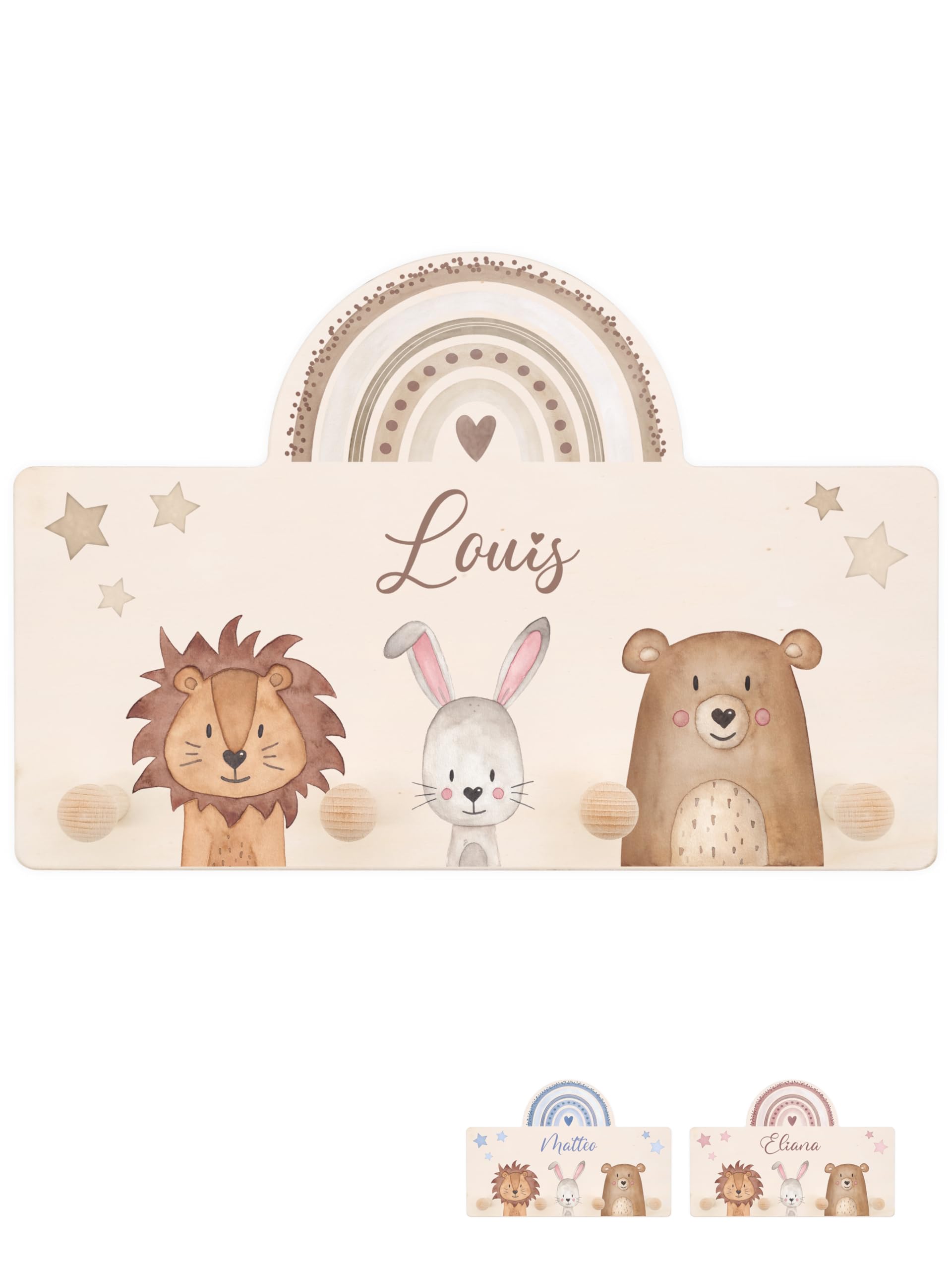 wunderwunsch® - Personalisierte Garderobe Kinder mit Spezial-Druck (inkl. 4 Haken)- Kinderzimmer Deko, Taufe Geschenk, Kindergeschenke, Geburt Geschenk (Tiere Regenbogen beige)