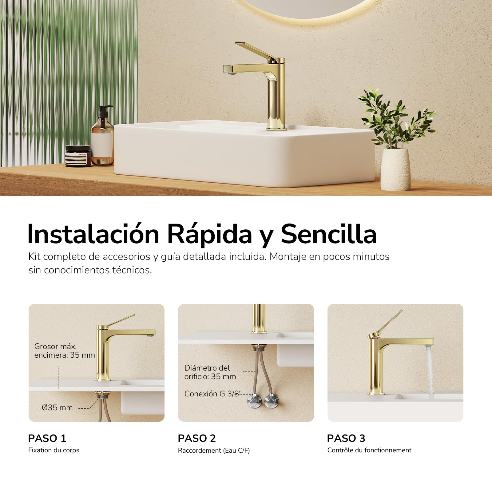 EMKE Grifo de Baño Oro Champán, 195x173x46 mm, Latón | Cartucho Cerámico, Mezclador de Lavabo, Instalación Fácil, Grifería de Cocina con Aireador, Grifo para Lavabo