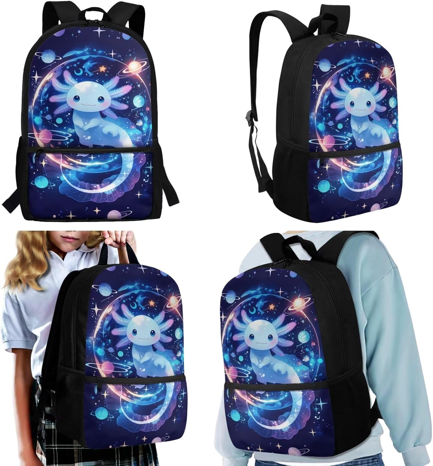 Axolotl Backpack for School Girls with Lunch Box 4 in 1 Galaxy Space Elementary Back Pack and Lunch Bag Set Primary Bookbag for Kids 6-8 Book Bags Lunchbox Water Bottle Holder Pencil Case