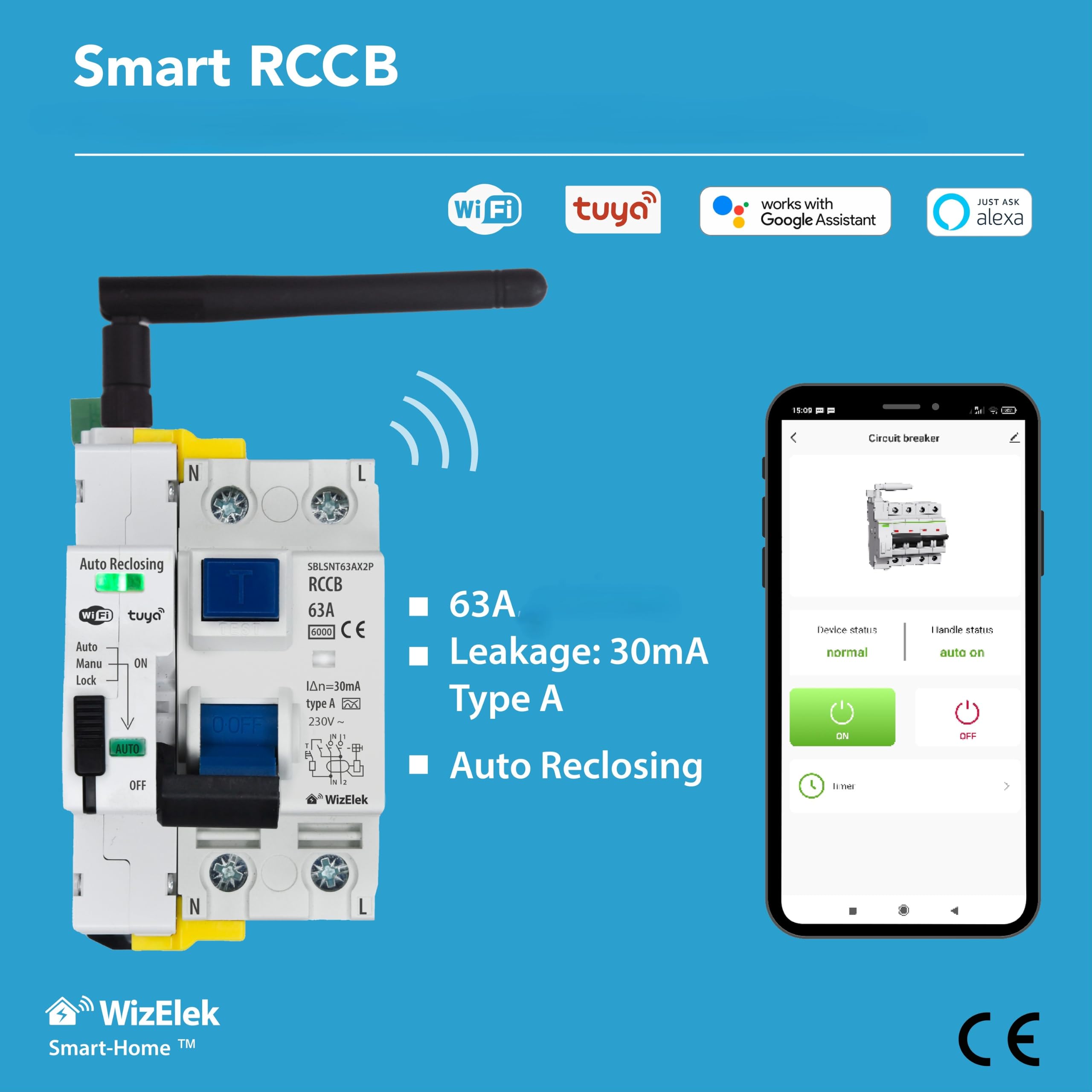 Smart-Home FI-Schutzschalter Wi-Fi Tuya mit automatischer Wiedereinschaltung 2P einphasig 63A 30mA Typ A&AC – Fernsteuerung – 3 Module (TE) – nach EN 61008-1