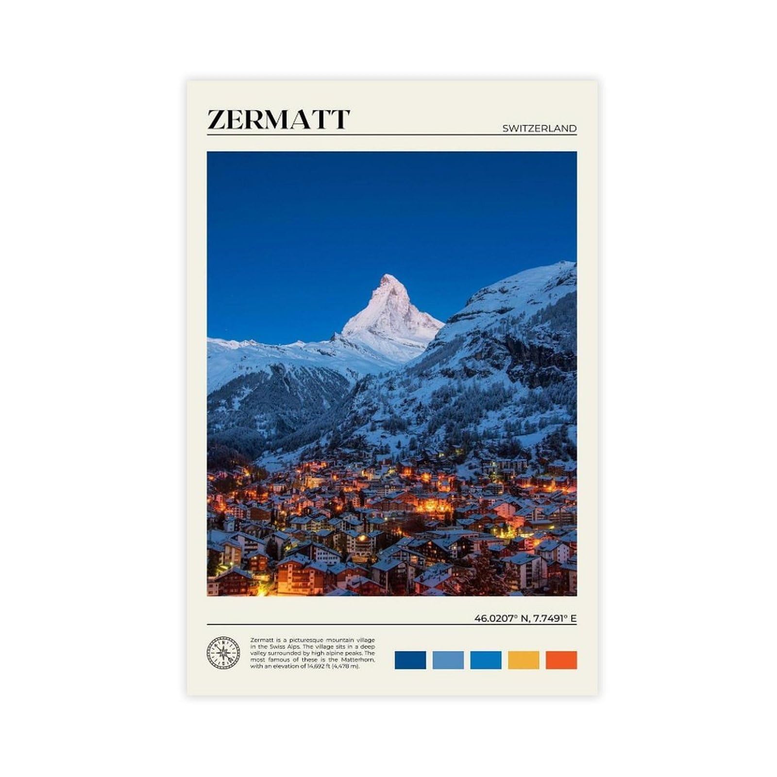 Oahfdf Zermatt Photo Switzerland Canvas Poster Bedroom Decor Landscape Office Room Decor Gift 08X12inch(20X30cm)