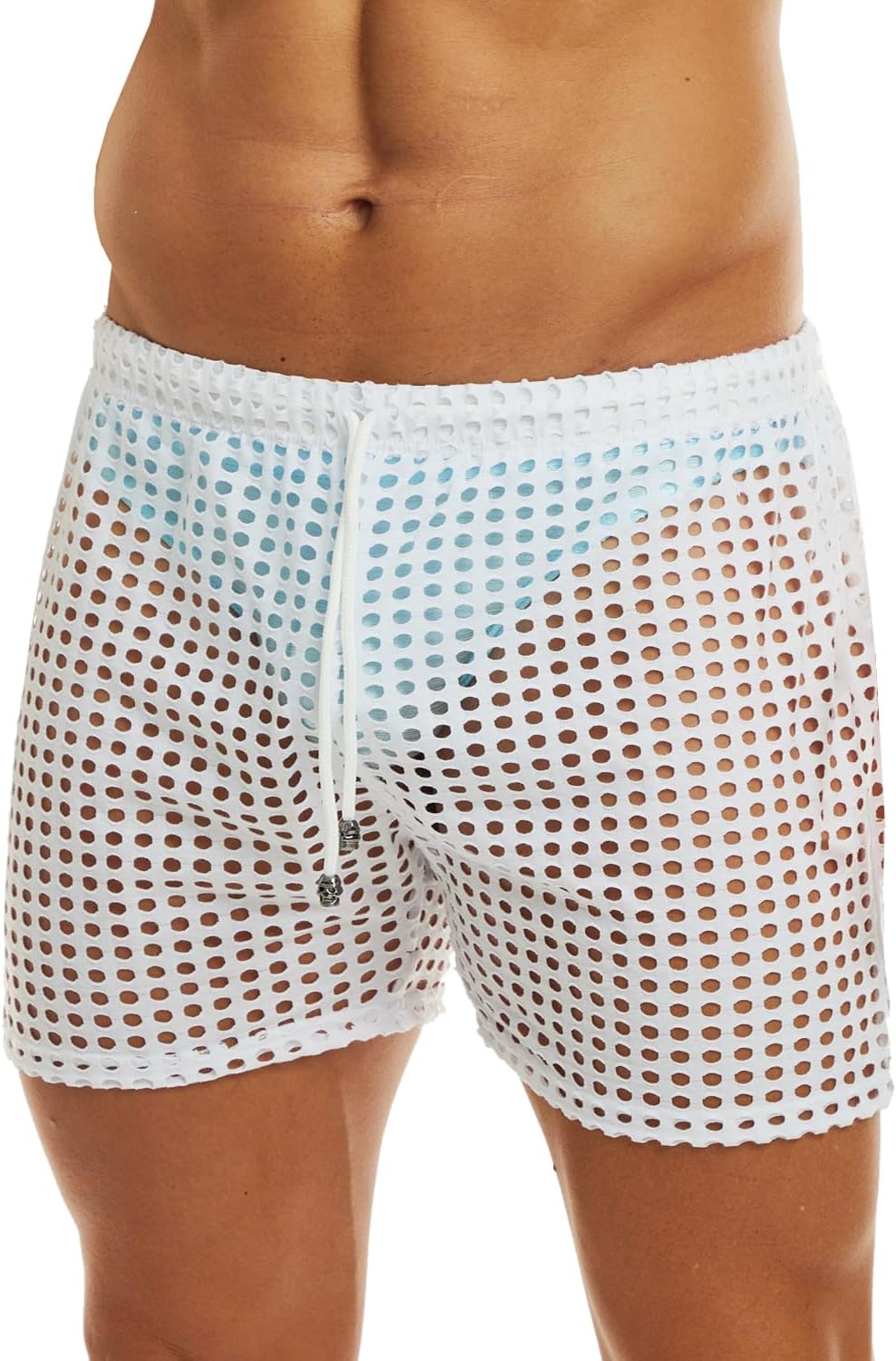 MIZOK Men's Hollow Openwork Short Sexy Fishnet See Through Boxer Shorts Lounge Swim Cover - Image 3