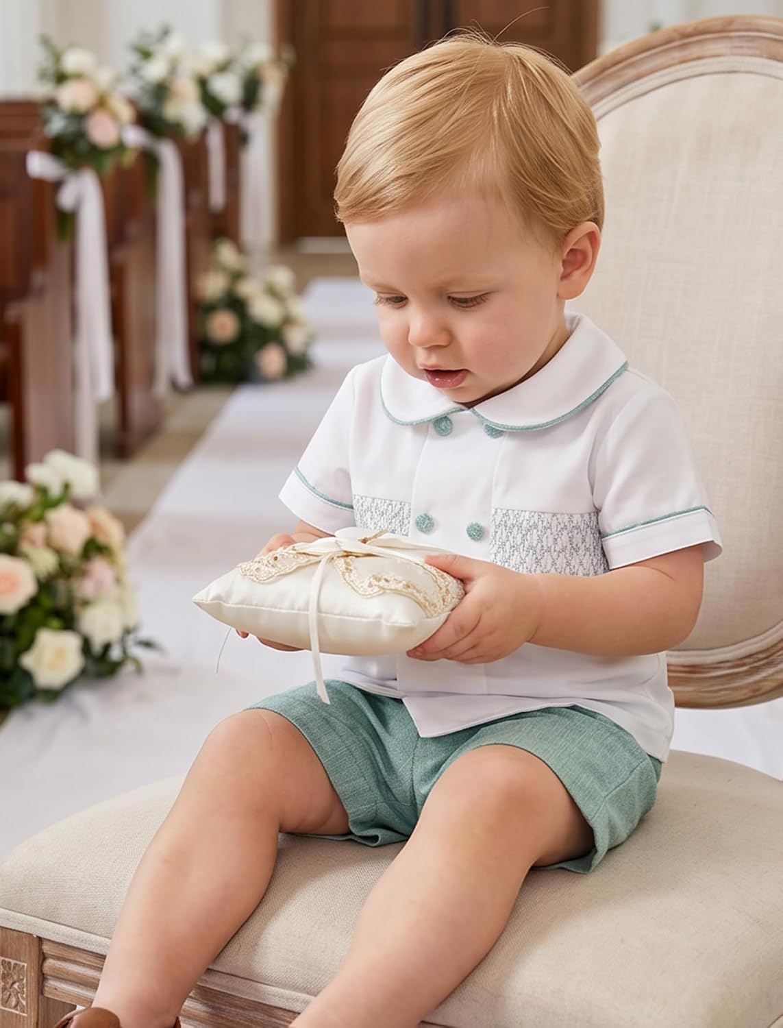 ODASDO Baby Boy Smocked Outfit Toddler Kids Short Sleeve Shirt and Shorts Set for Birthday Party Cake Smash Wedding Baptism