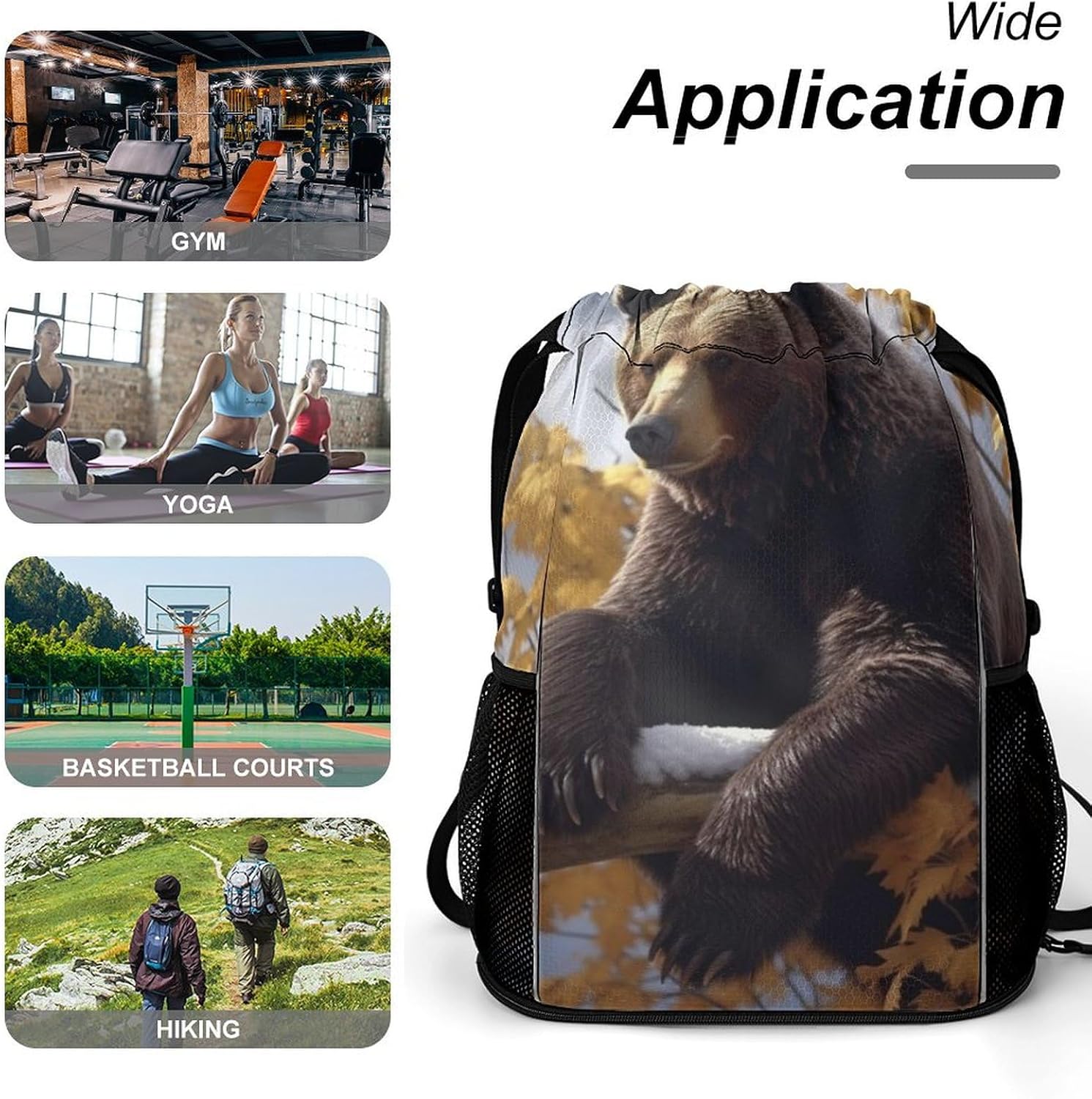 Small Gym Bag Bear on The Branch Printed Drawstring Gym Bag for Men Lightweight Waterproof Drawstring Backpack for Women with Shoe Compartment for Travel Tourism Work And Fitness